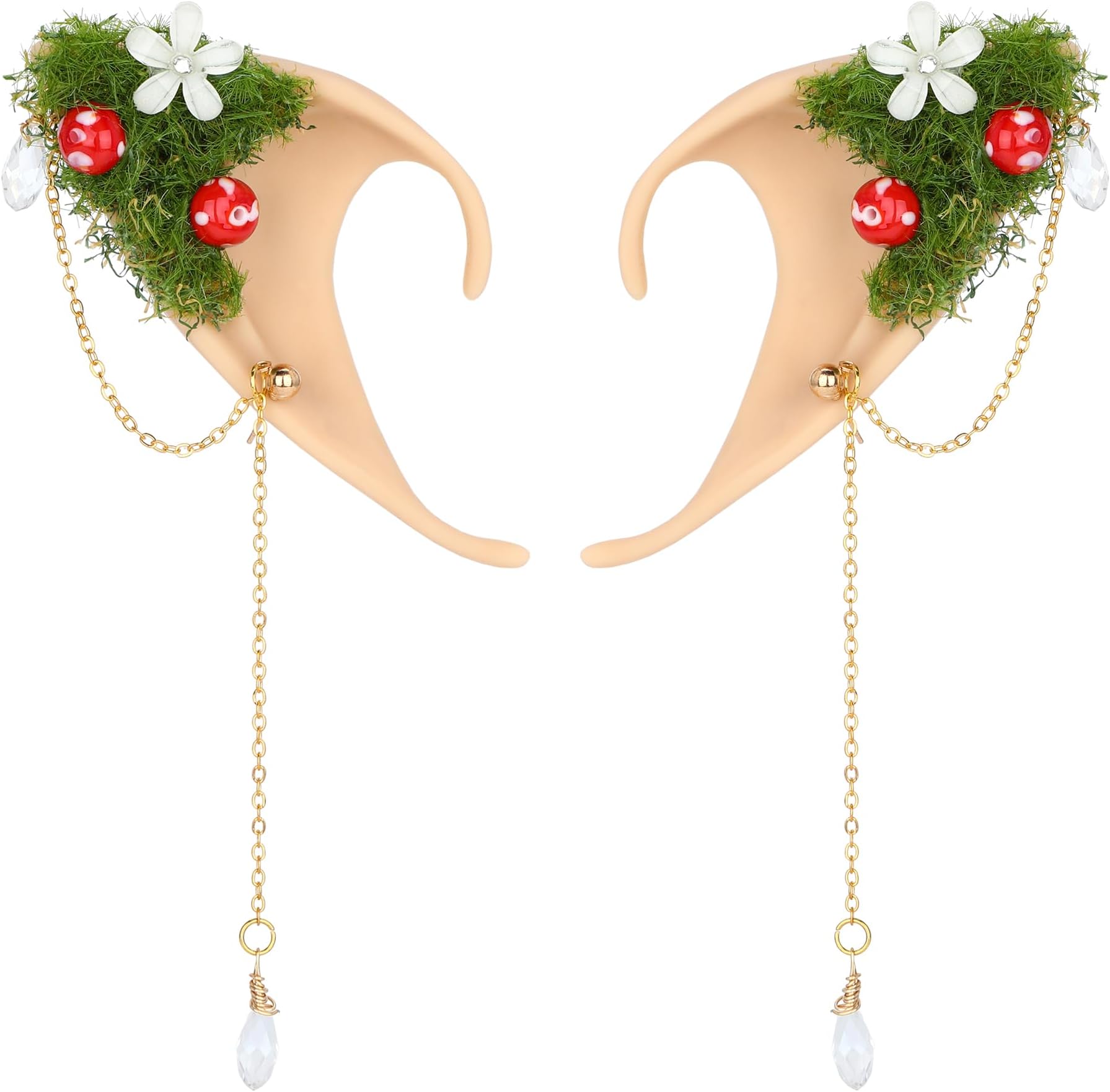 FRESHME Forest Mushroom Elf Ears, Soft Fairy Ears with Mushroom Moss and Flower Elven Ear Cuffs Halloween Renaissance Cosplay