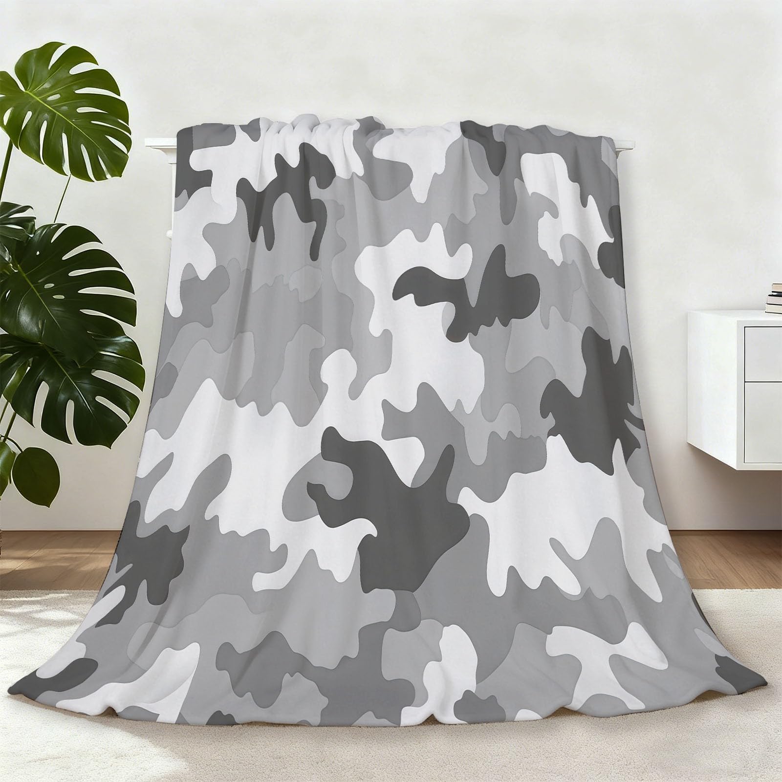 Couverture polaire hiver camouflage militaire 200x220 cm en peluche moelleuse grise et noire
