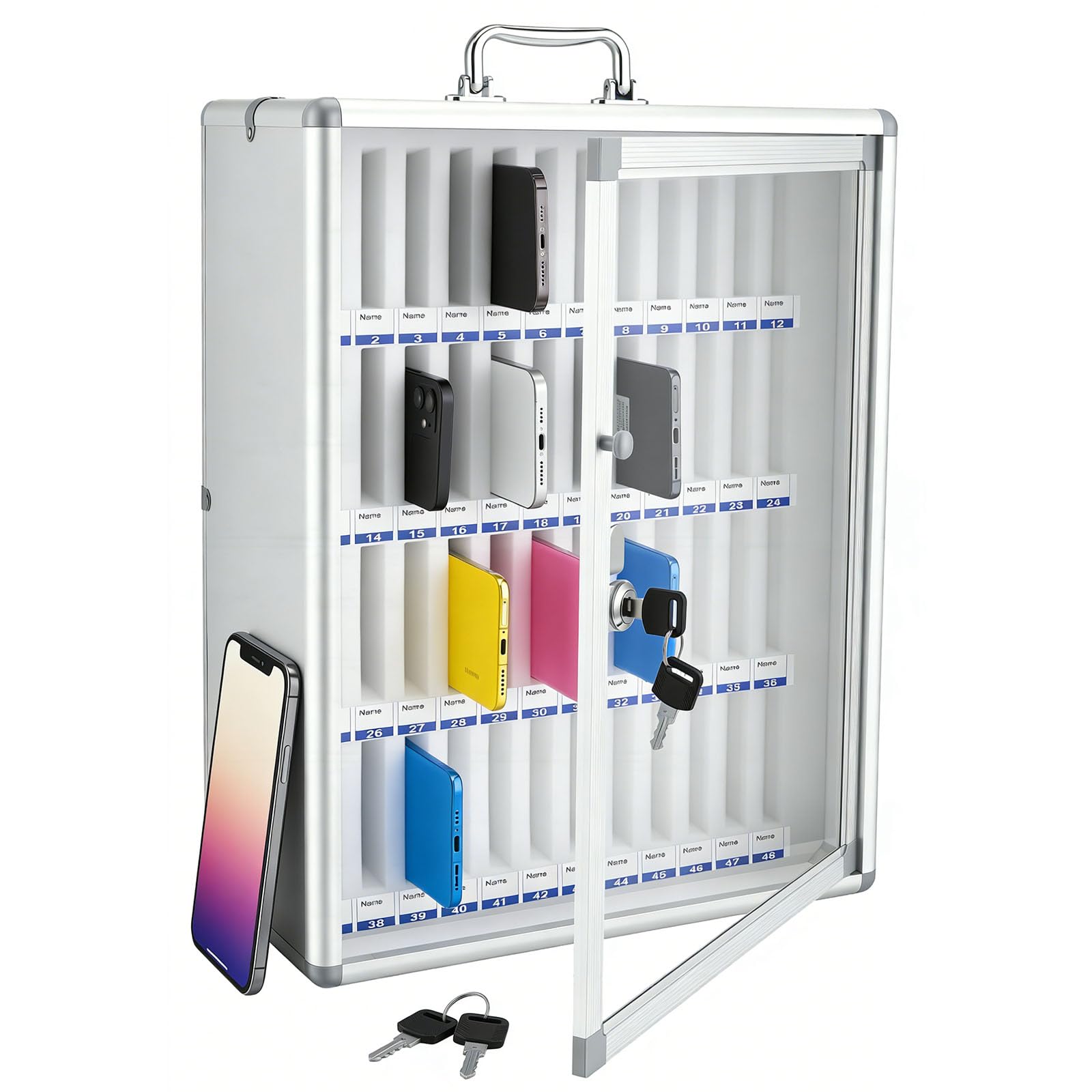 48 Slots Cell Phone Locker Mobile Phone Storage Locker Cabinet with Handle, Key, Aluminum Alloy Portable Phone Storage Box Wall Mounted for Classrooom Company Conference School Office Exam Gym