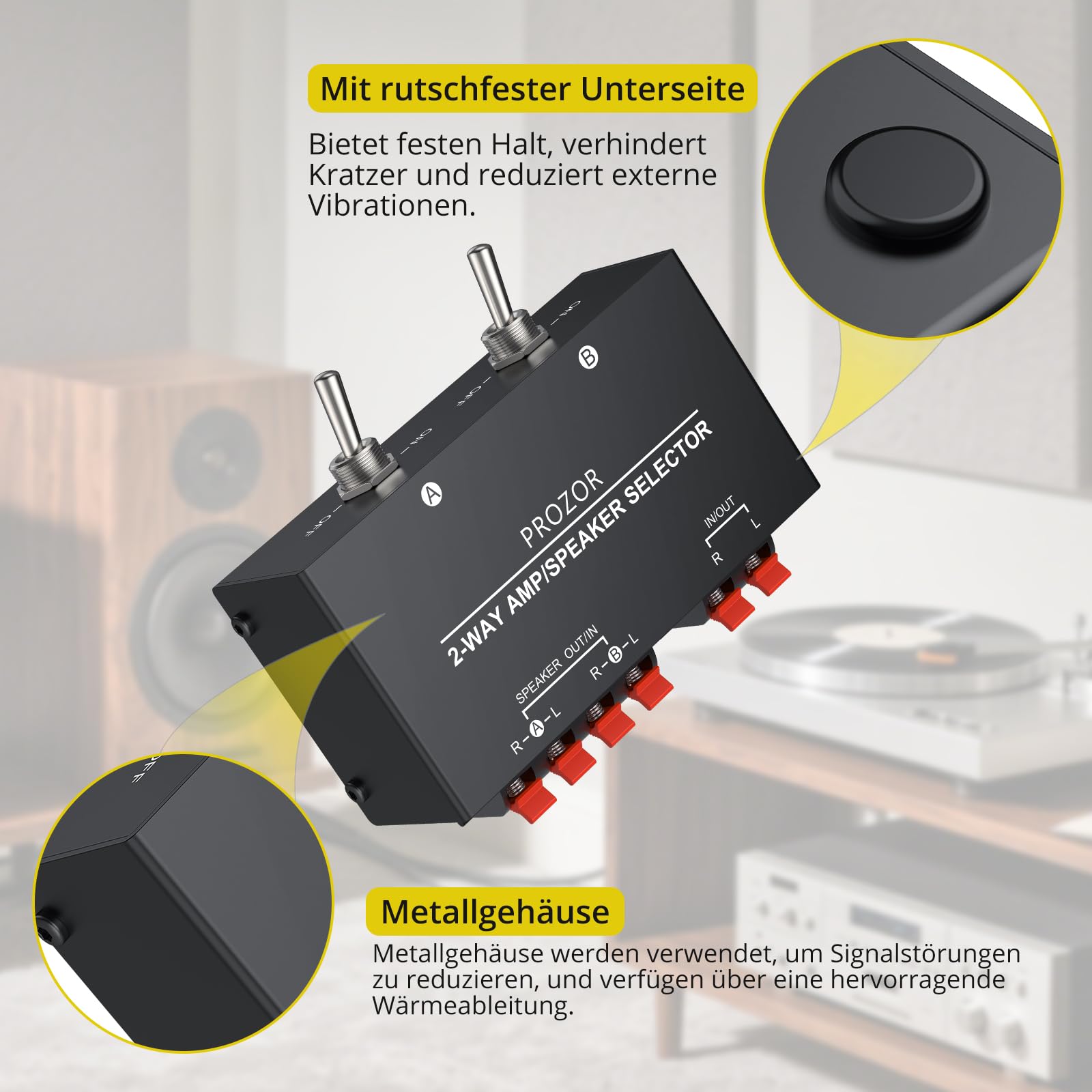 PROZOR Lautsprecherwahlschalter mit 2 Zonen, passiver Verstärkerschalter, Schaltbox für 1/2 Paar Lautsprecher mit unabhängiger Steuerung, 150 W RMS pro K, Federklemmen, Schwarz
