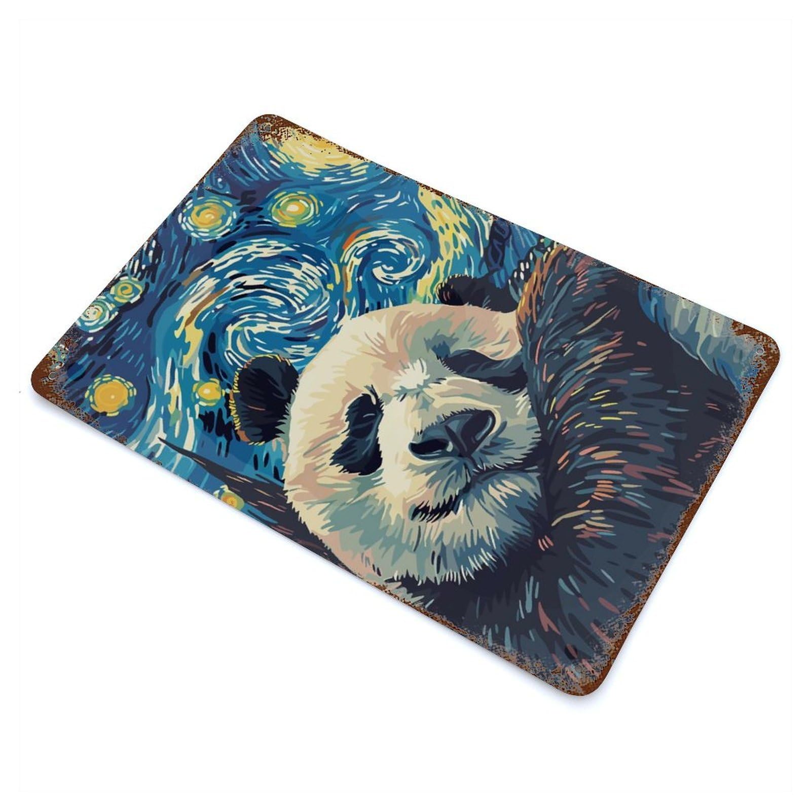 Sleeping Panda in Starry Night Style Decorative Tin Sign 11.8"x7.9", for Bistro, Counter And Cafe Decor, Retro Wall Decor