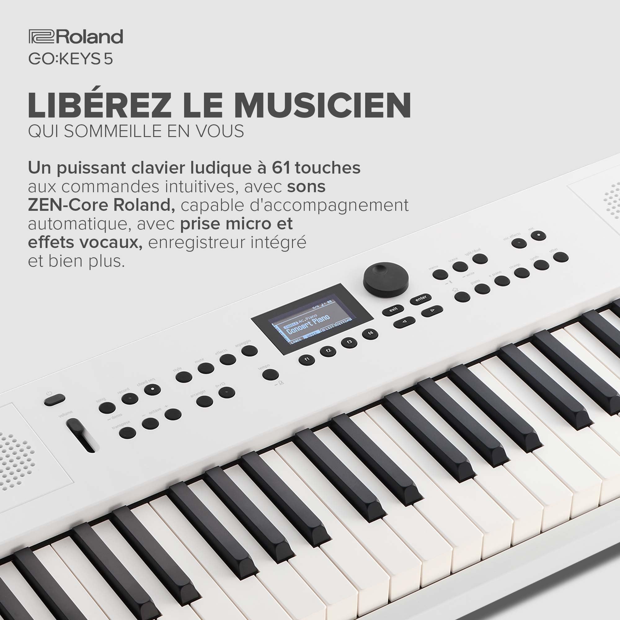 Clavier de création musicale GO:KEYS 5 Roland | Clavier à 61 touches | Générateur ZEN-Core avec plus de 1000 sons intégrés | Haut-parleurs stéréo | Entrée micro – Blanc