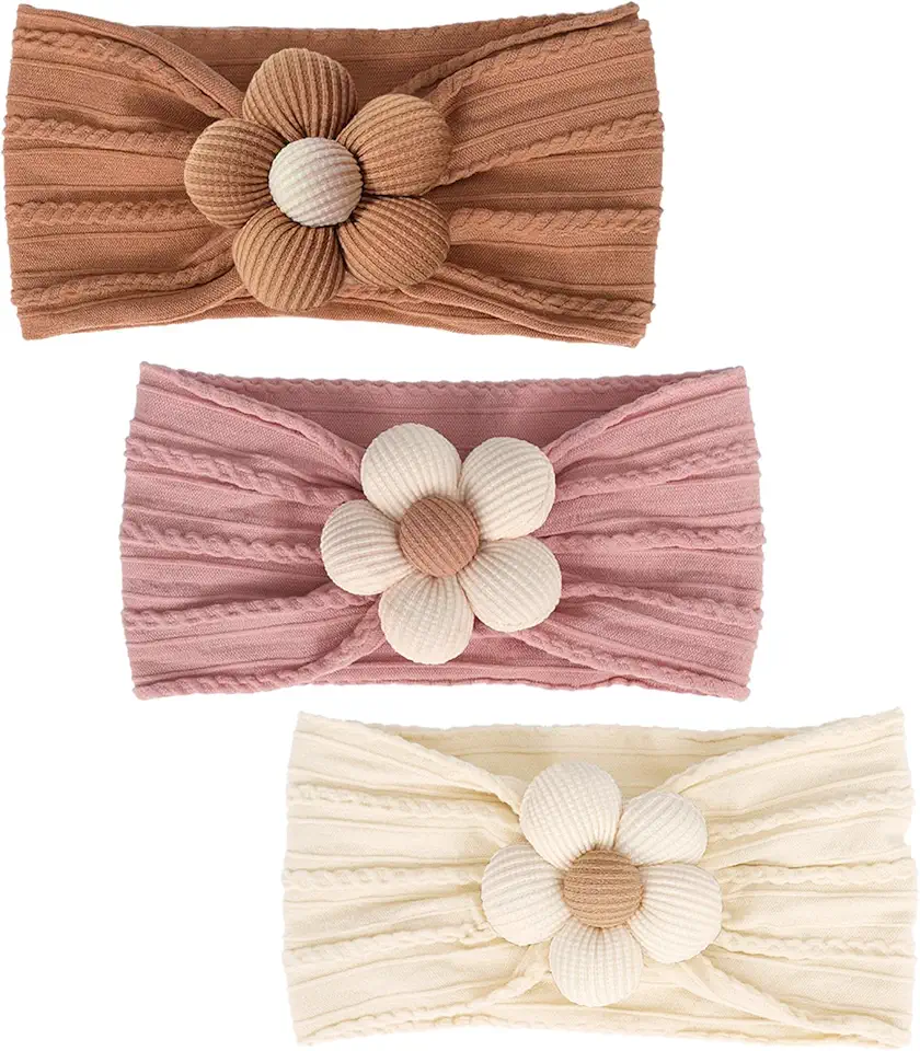 3 Pcs Baby Flower Headbands Baby Girls Nylon Headband Soft Hairbands Hair Accessories for Newborn Infant Toddler Kids (Yellow,Pink,Brown)