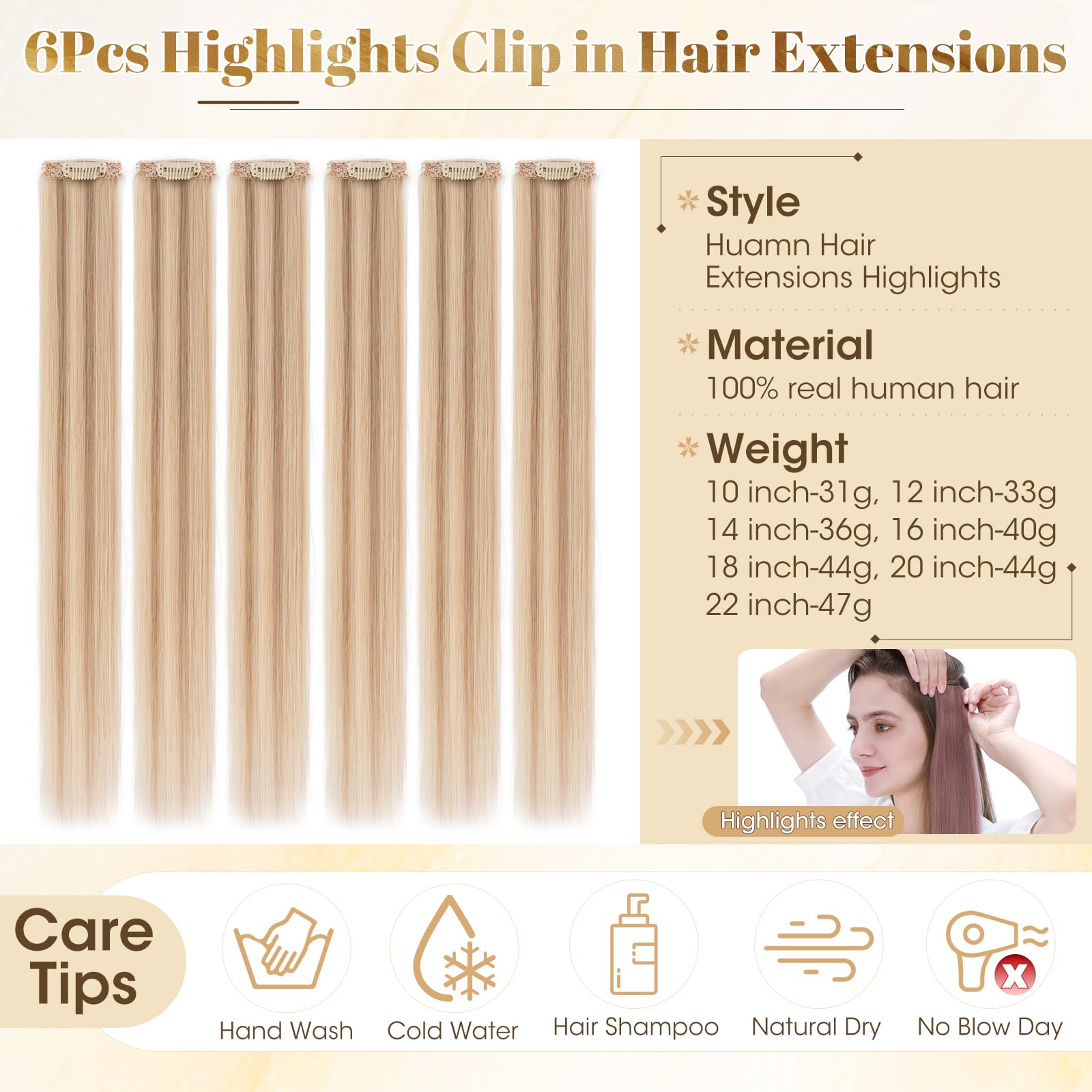 Rich Choices Clip in Hair Extensions Real Human Hair Golden Brown mix Bleach Blonde Highlights Hair Extensions Clip in 6Pcs Straight Remy Hair (40g 16 Inch) - Image 2