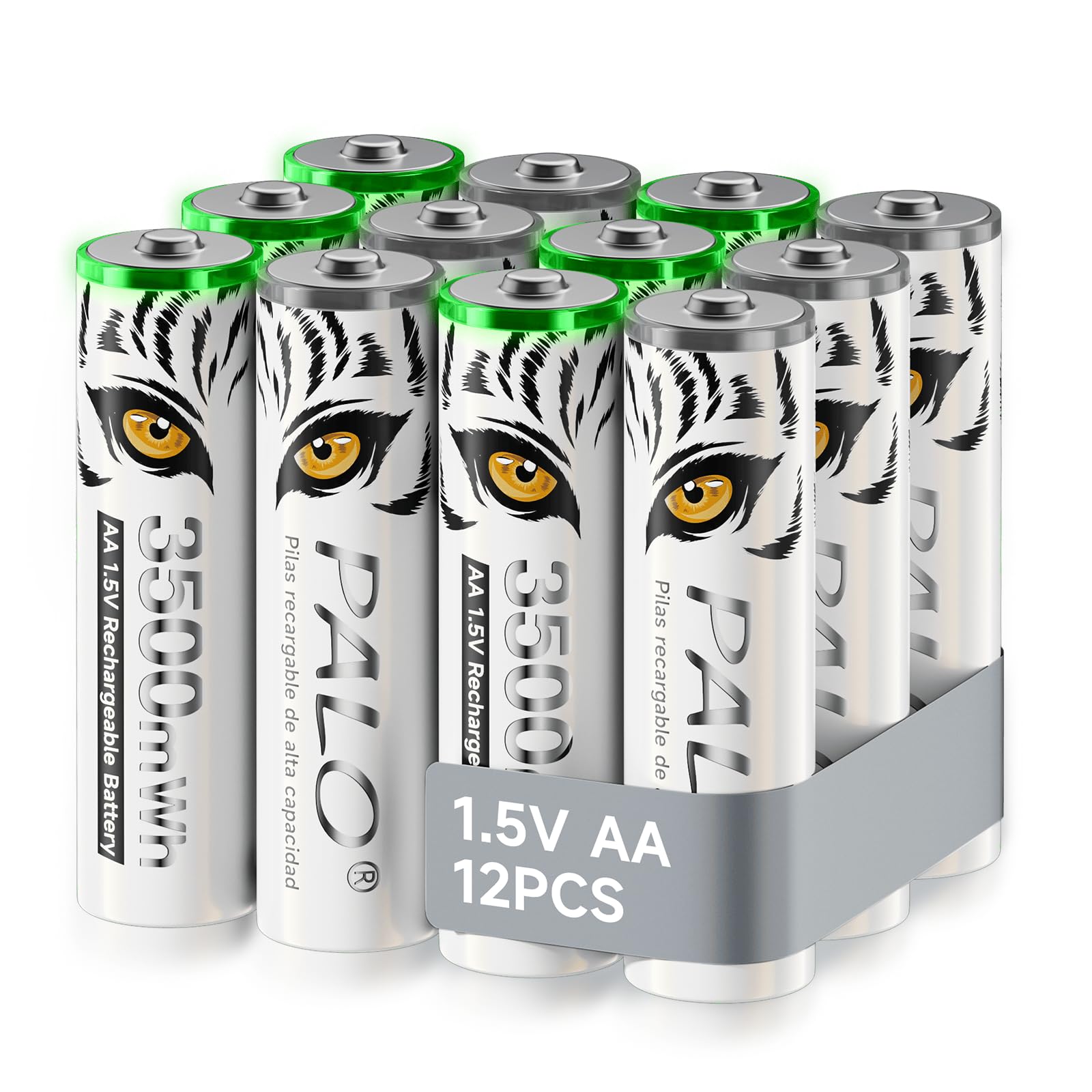 Lot de 12 piles AA 1,5 V au lithium 3500 mWh, rechargeables, impression tigre à charge rapide, faible auto-décharge avec lumière de charge, plus de 1500 cycles, lot de 12 piles avec boîte à