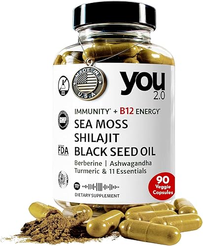 YOU 2.0 Superalimento Powerhouse con Seamoss, Shilajit, Ashwagandha, berberina, maca, aceite de semilla negra, cúrcuma, vitamina C, D, B12, K2 -