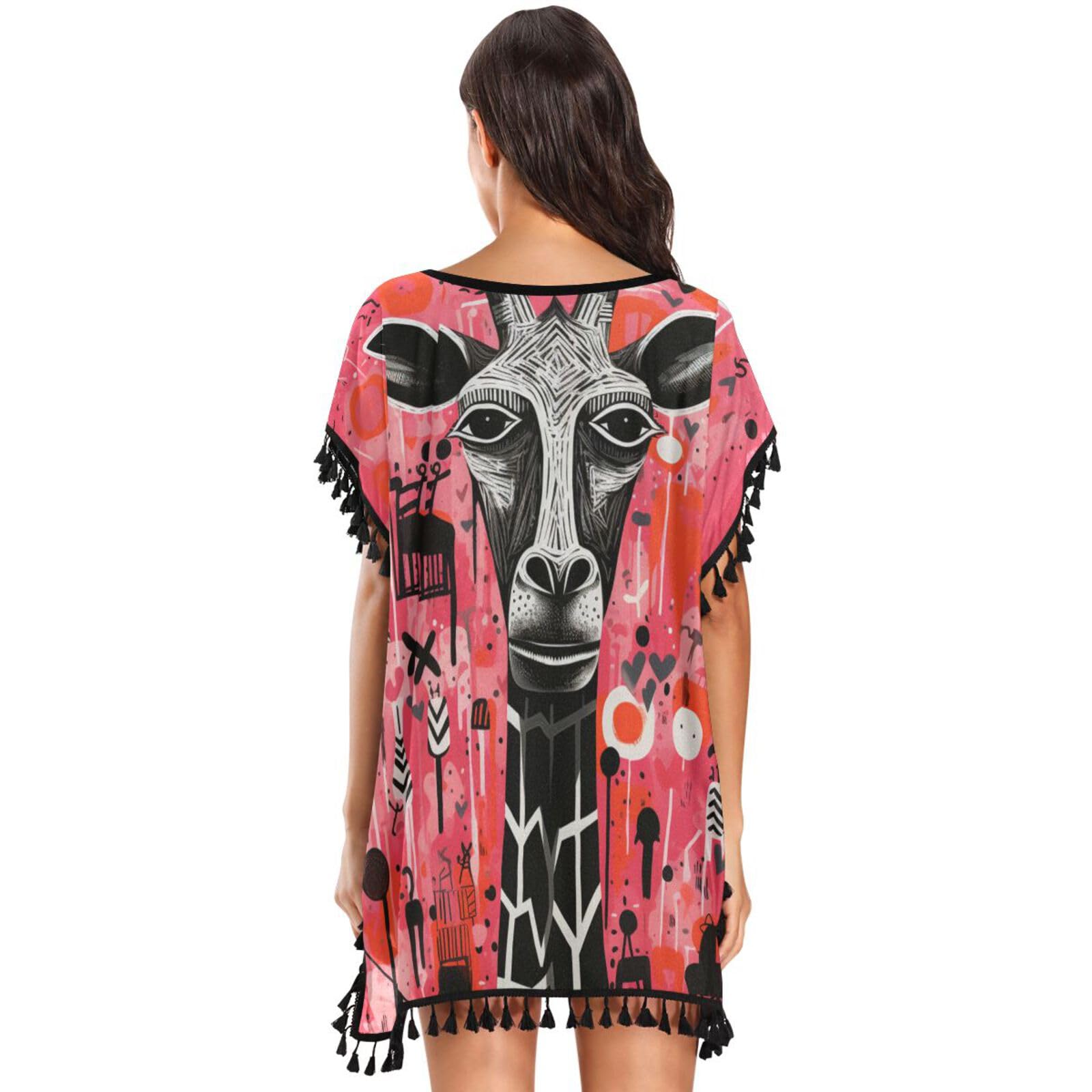 Pink Art Majestic Giraffe Women's Beach Cover Up Chiffon Tassel Swimwear Swimsuit Coverups for Girl