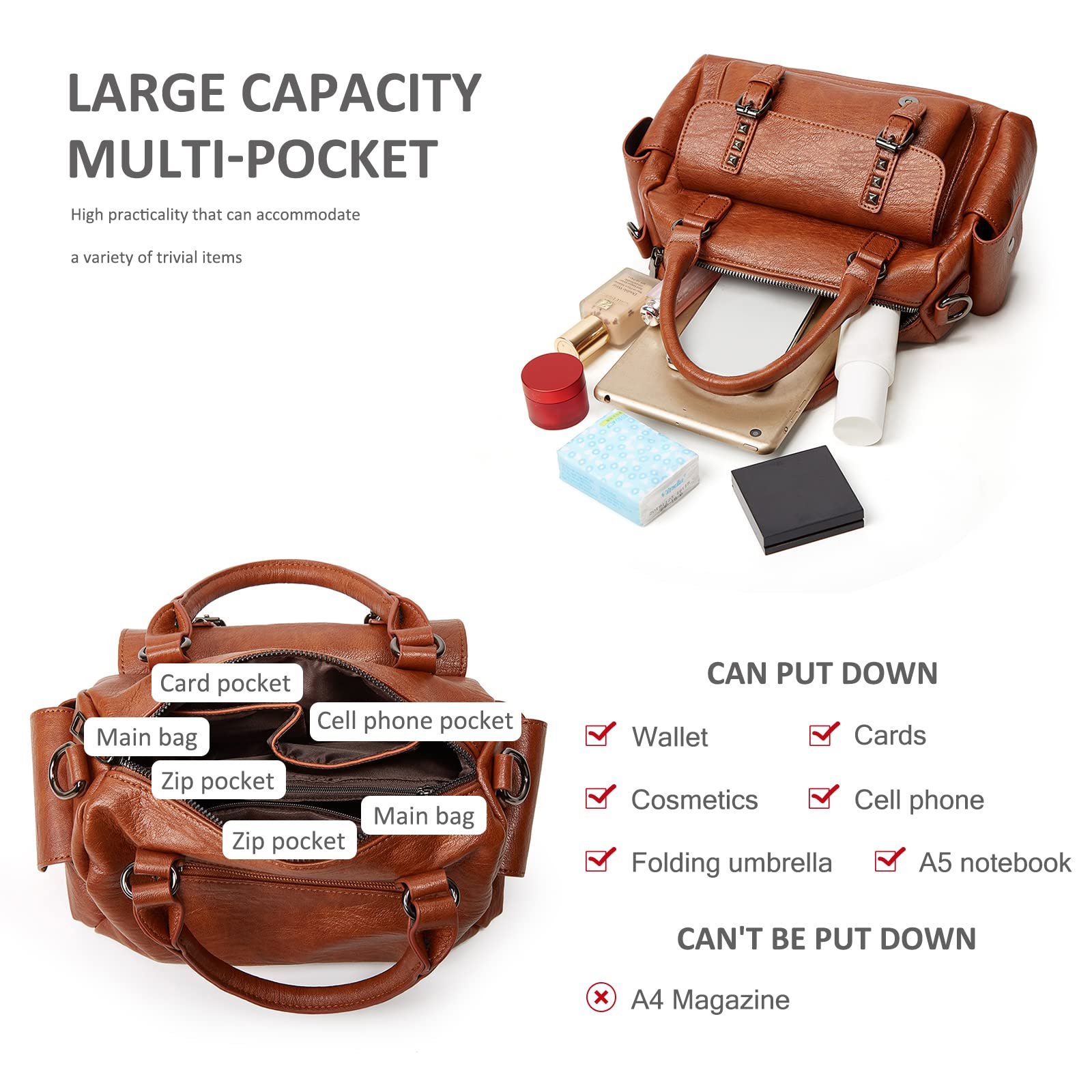 NICOLE & DORIS Sac Bandoulière Femme Sac a Main Cuir Souple Sacs Portés Epaule Rétro Sacoche Messenger Sac Crossbody Femme Sac Fourre Tout Poches Multiples
