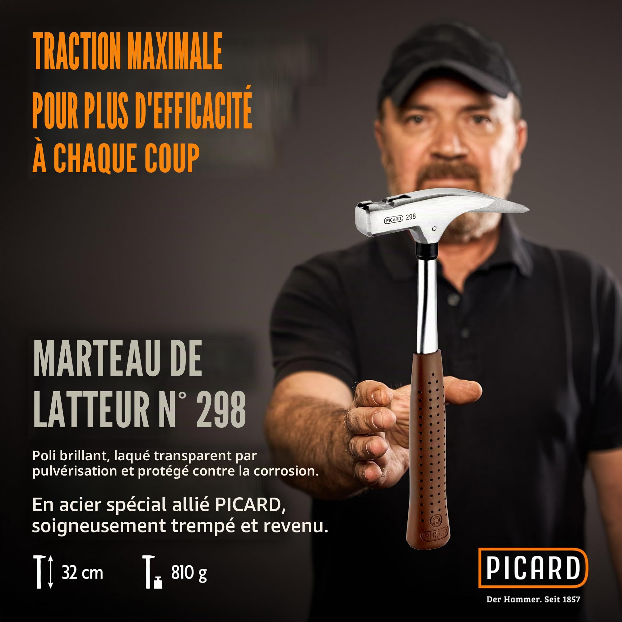 PICARD marteau de charpentier no. 298 + Mini pied-de-biche BlackGiant® + Sticker | Outil couvreur professionnel 600 g | Manche acier chromé-molybdène | Porte-clou magnétique | Avec arrache clou