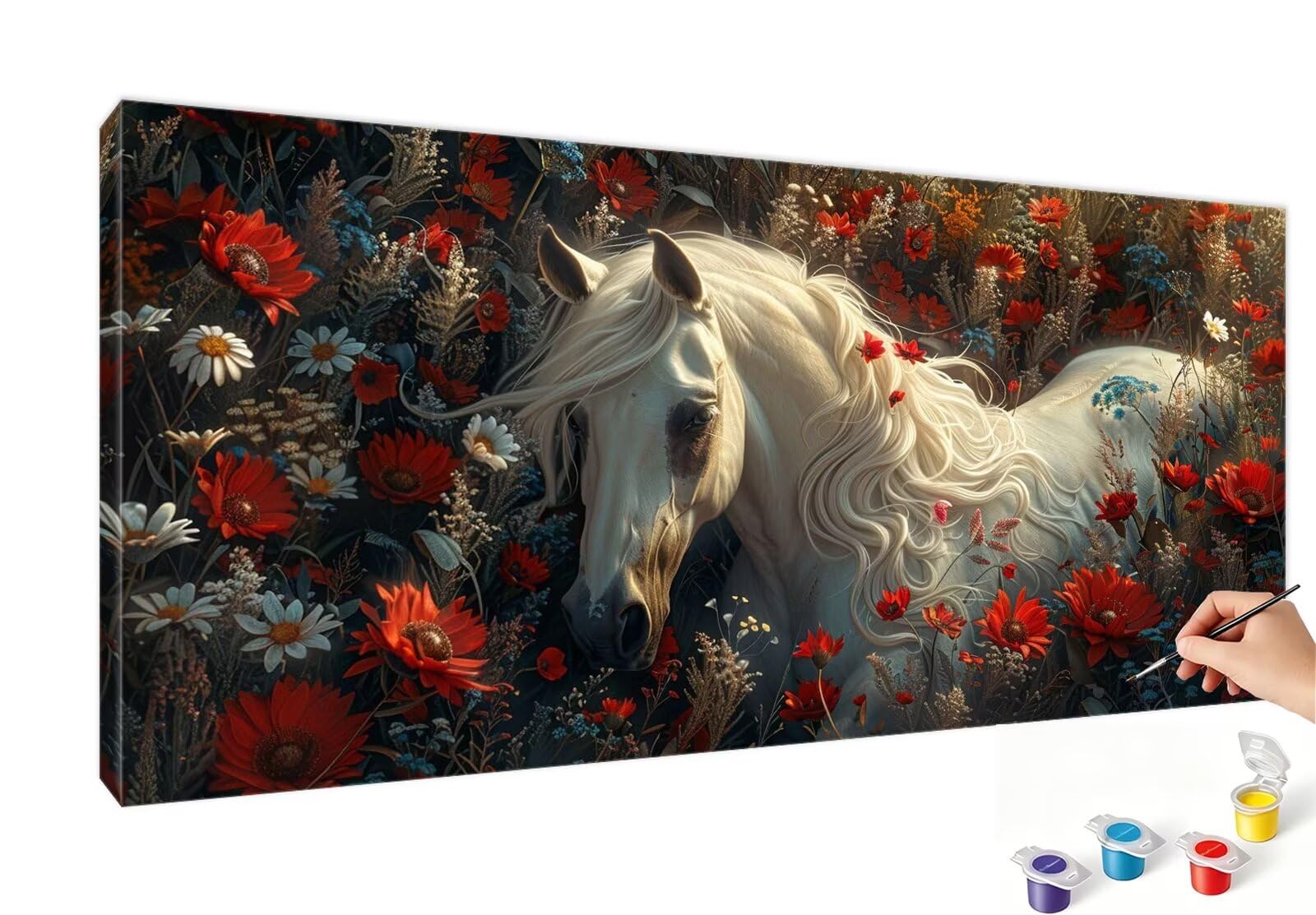 Malen Nach Zahlen XXL Weiß Malen Nach Zahlen Erwachsene Pferd 60x120 cm, Ohne Rahmen, DIY Paint by Numbers Set mit Acrylfarben und Pinseln, Knitterfreie Leinwand, Geburtstagsdeko, Geschenk RB-418