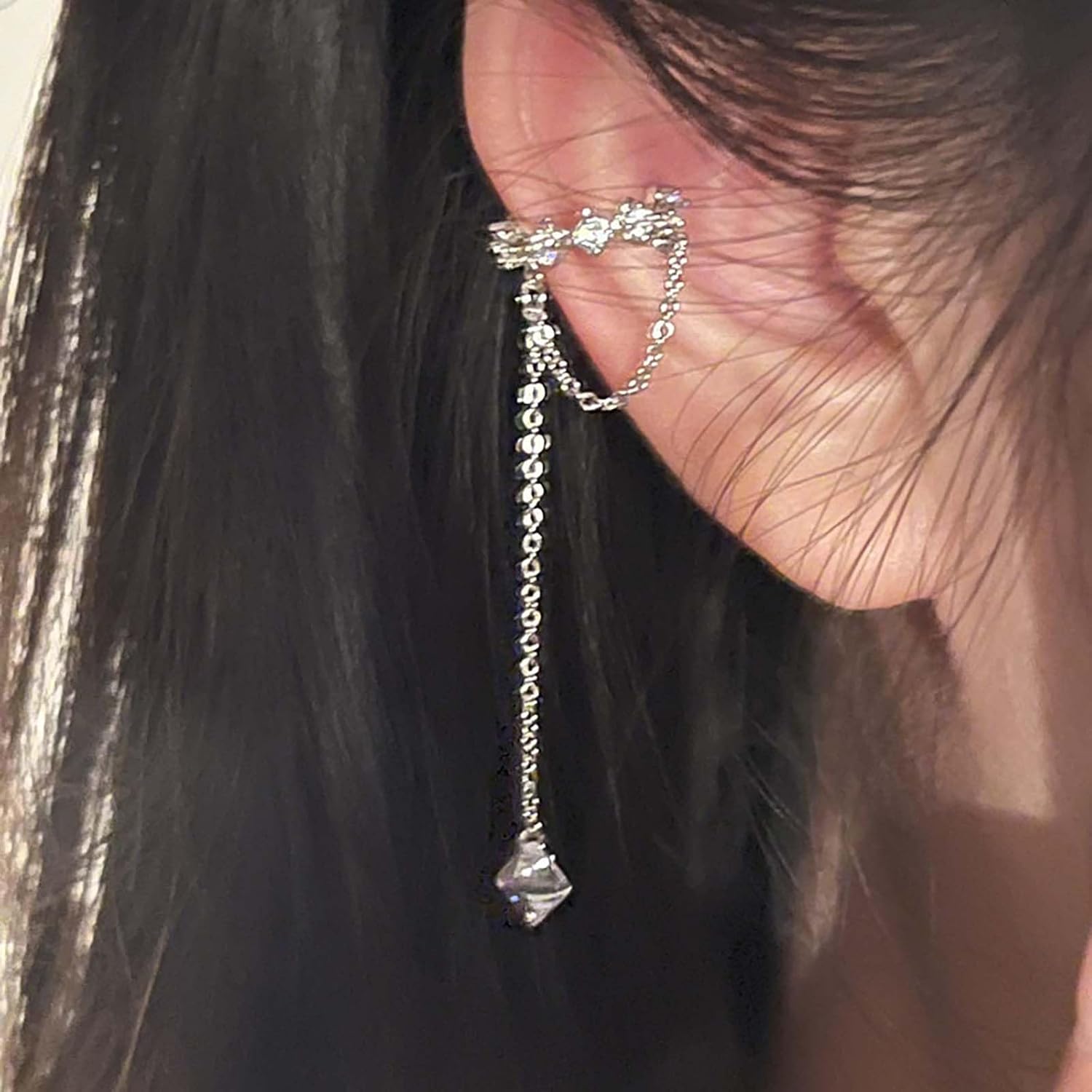 Boho Cz Ear Cuff Earrings Cz Cartilage Cuff Earrings Silver Crystal Crawler Wrap Earring Long Rhinestone Chain Earring No Piercing Jewelry for Women - Image 2