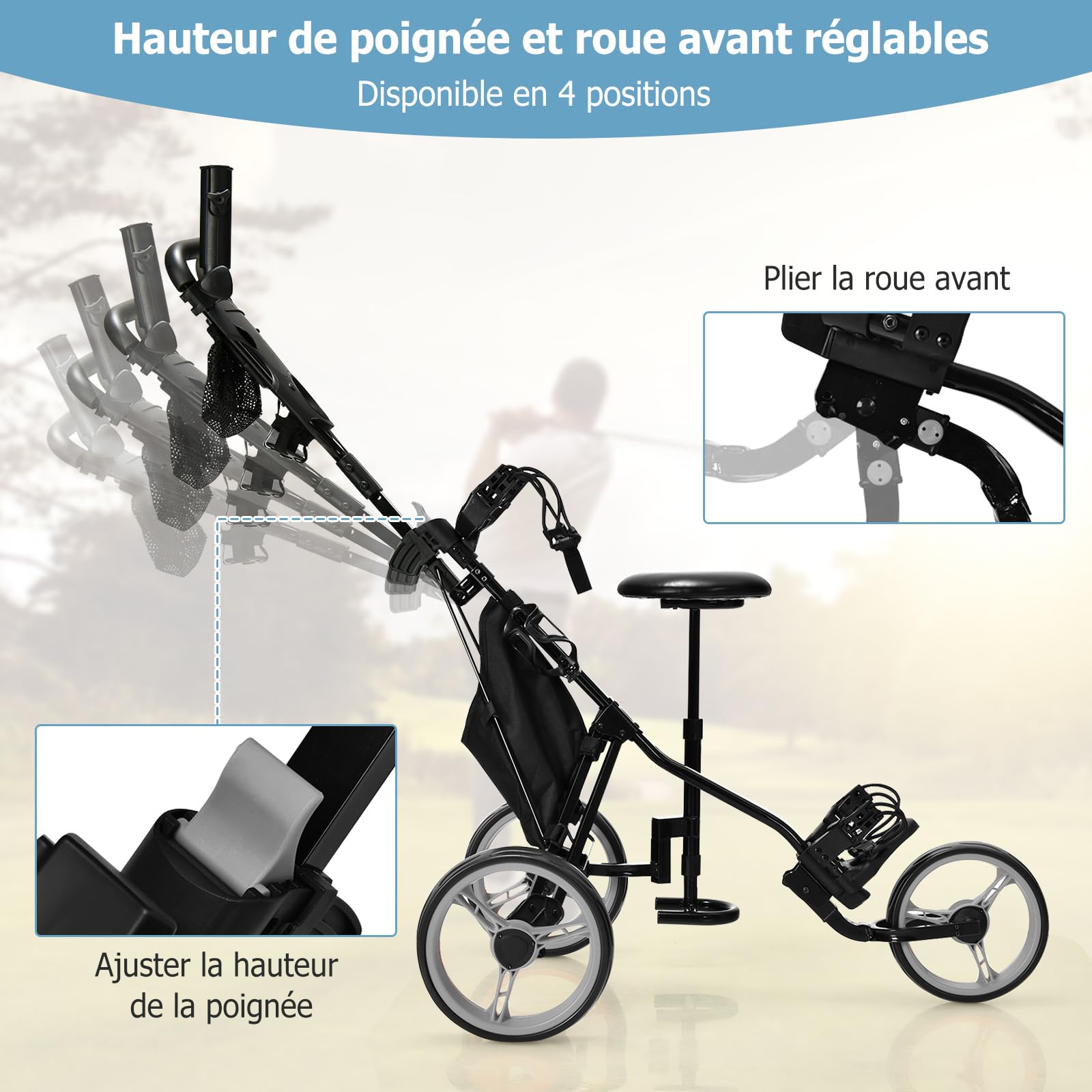 COSTWAY Chariot de Golf à 3 Roues Pliable, avec Porte-gobelet, Frein à Pied, Tableau de Score, Sac de Rangement, Poignée Réglable sur 4 Positions, Porte-Parapluie et Siège Réglables