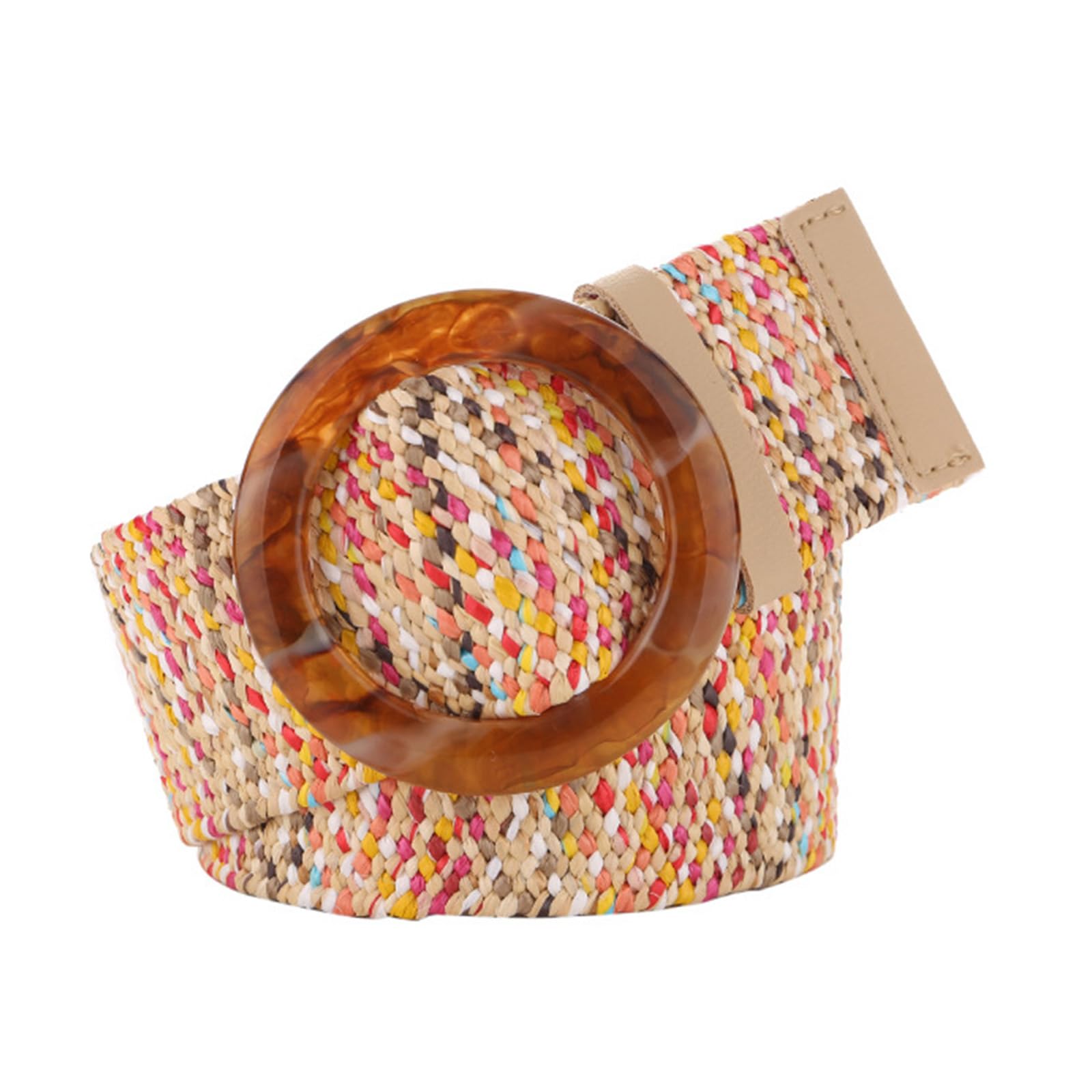 Straw Woven Rattan Belt Wide Stretch Belt Boho Braided Belts for Women with Round Buckle for Summer Dress Jeans,A Multi colored,107CM/42.1''