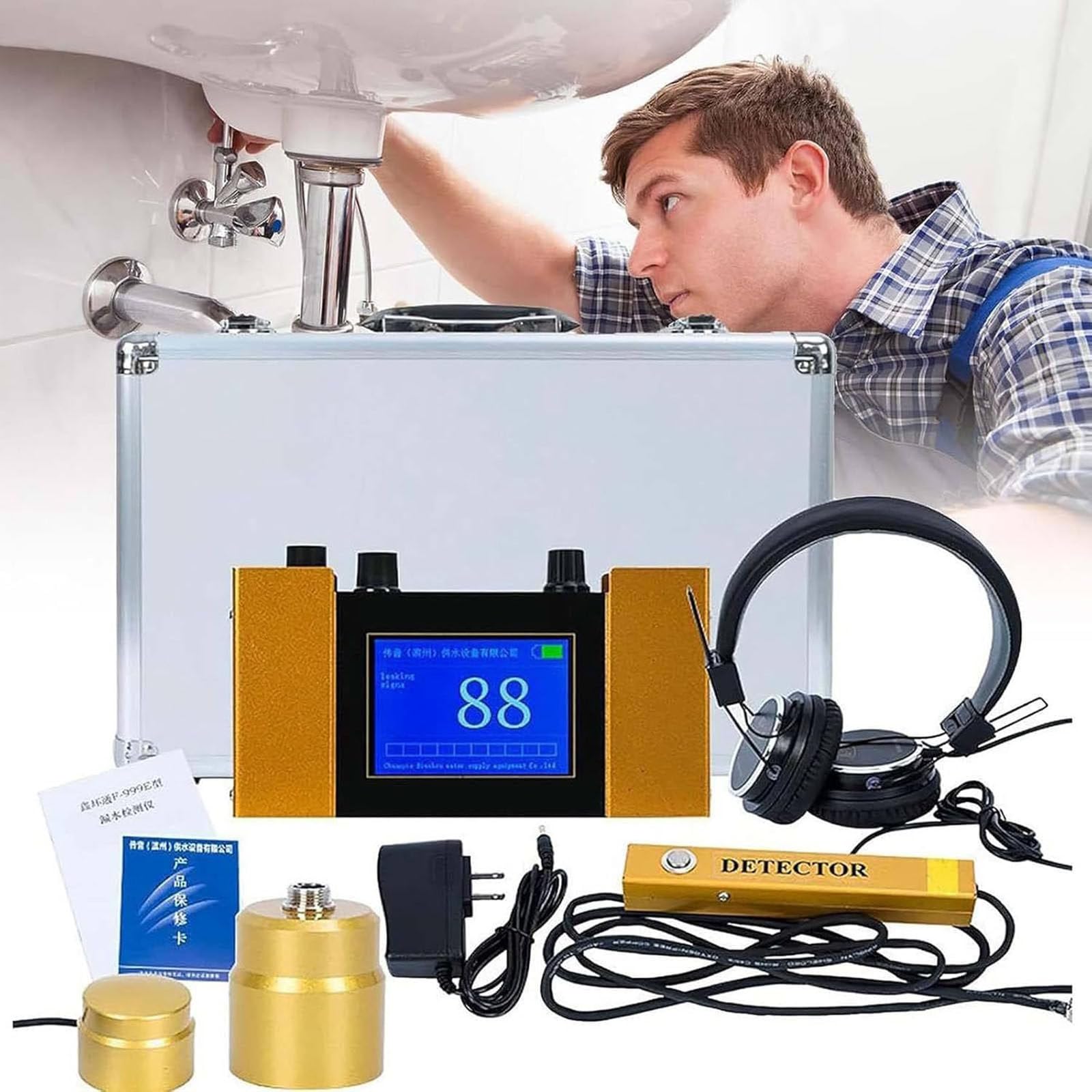 Rilevatore di perdite d'acqua professionale con auricolare, attrezzatura ad alta sensibilità per un rilevamento accurato delle perdite dei tubi, strumento essenziale per la manutenzione degli impianti