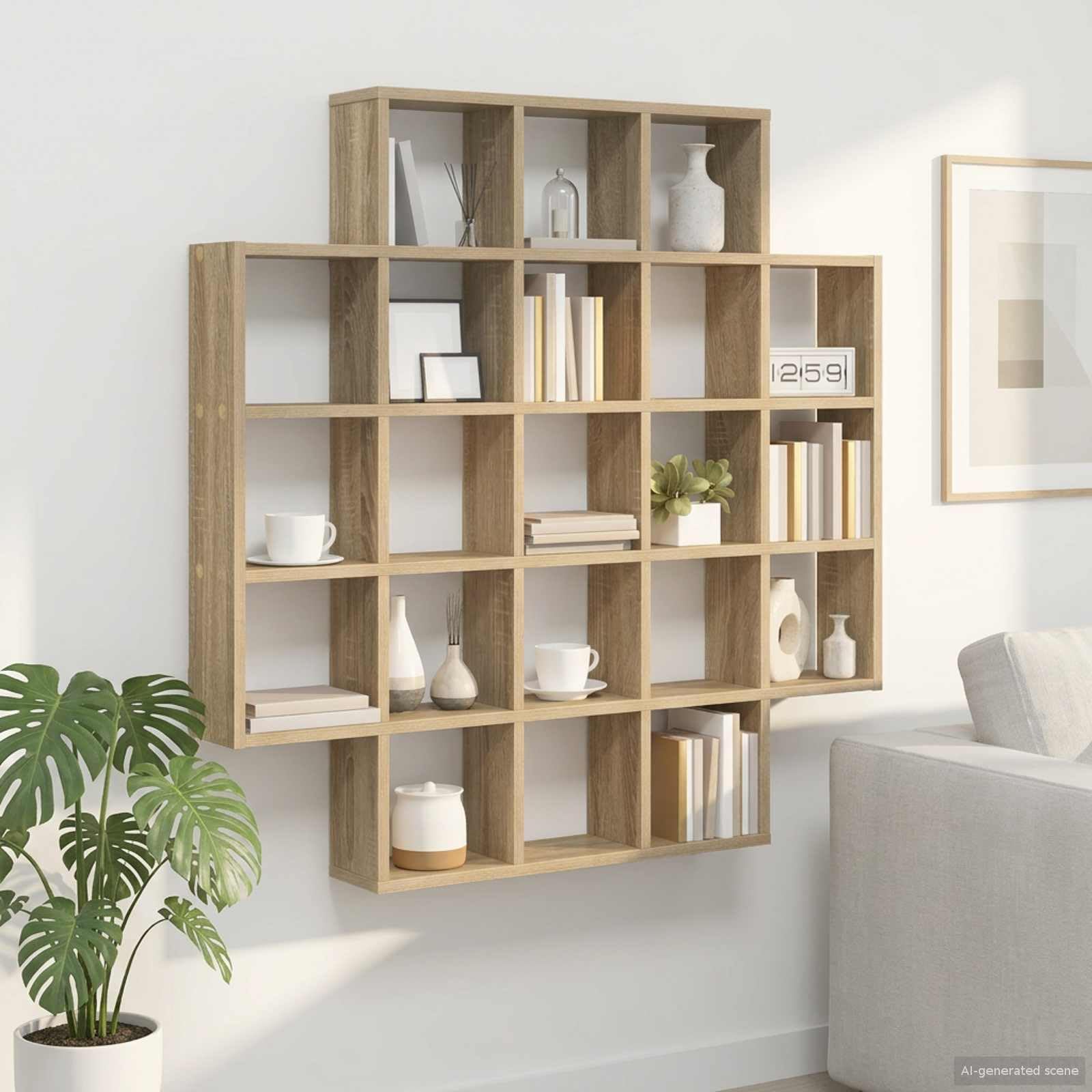 Scaffale da parete in rovere Sonoma, 100 x 13 x 100 cm, con 21 scomparti, per soggiorno, decorazione e libri