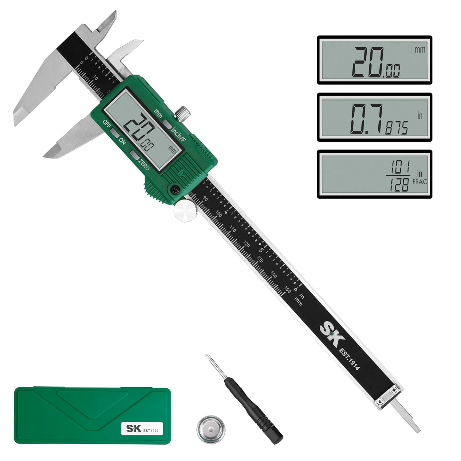 SK 6-Inch Digital Calipers, Vernier Caliper with Large LCD Screen, Caliper Measuring Tool with Auto-Off Feature, Inch/Millimeter/Fraction Conversion, ±0.001" Accuracy