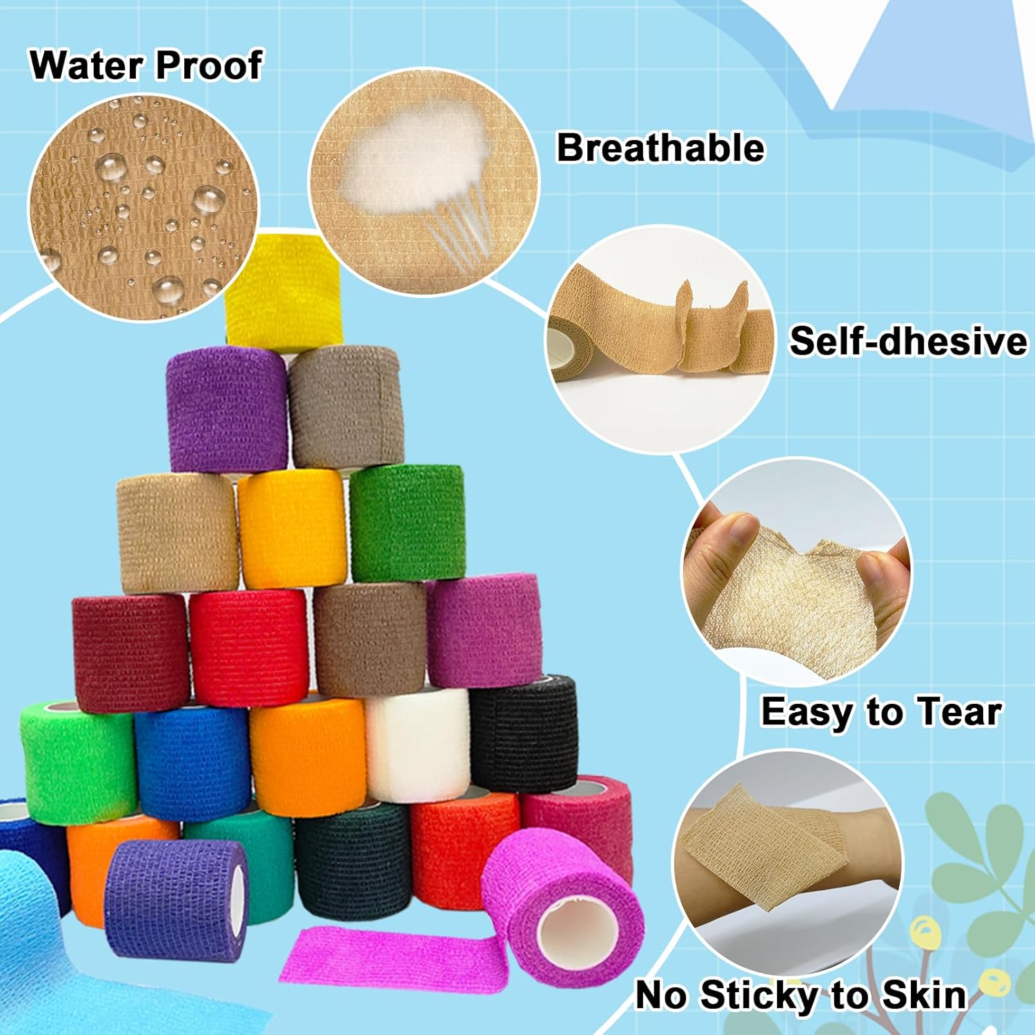 72 Pack Self Adhesive Bandage Wrap,2" x 5 Yards Self Adherent Wrap,Athletic Elastic Breathable Cohesive Bandage Wrap for First Aid,Sports,Wrist Ankle Swelling Sprains,Vet Wrap,24 Colors - Image 3