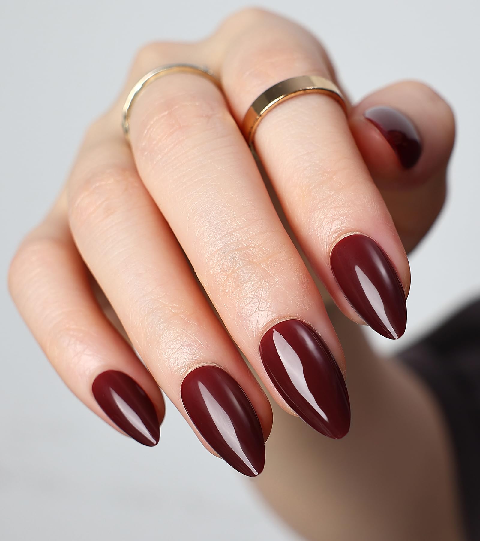 Morily Short Press on Nails Almond, 30Pcs Burgundy Fake Nails in 15 Sizes Glossy Wine Red False Nails Reusable Acrylic Stick on Nails for Women