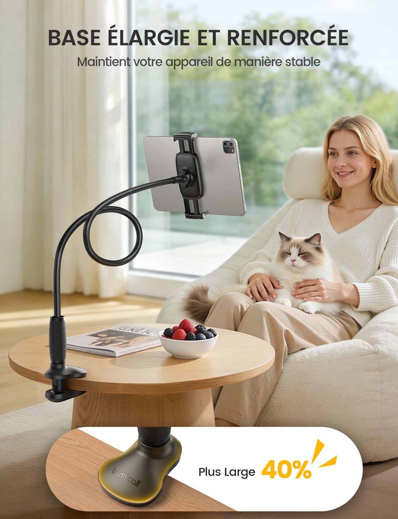 Lamicall Support Tablette avec Col de Cygne – [Design Conique - Base Stable, Bras Flexible] 85cm Support iPad pour Lit & Table, 360° Rotation, pour iPad Pro/Air/Mini, Kindle, Autres Appareils 4,7-13"