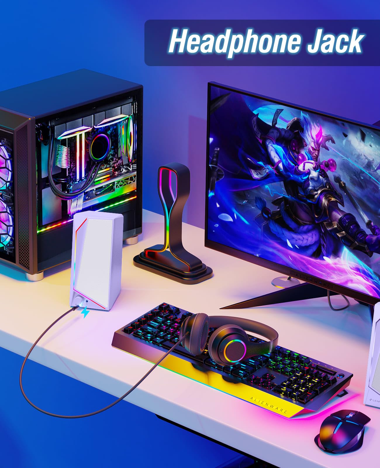 LENRUE Altoparlanti per computer, audio AUX alimentato tramite USB/USB-C per altoparlanti del PC con suono stereo forte, ingresso cuffie, luci touch per desktop, computer, laptop, scrivania
