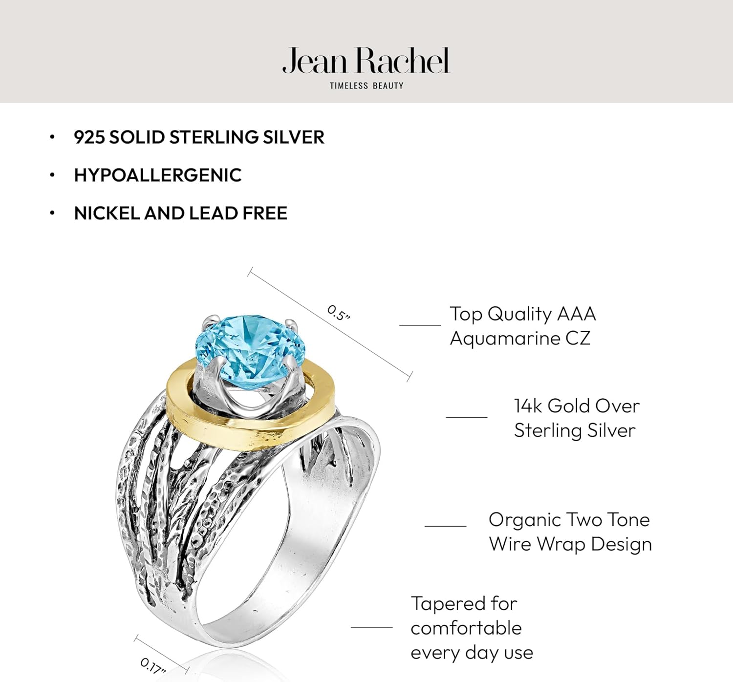 JEAN RACHEL JEWELRY Mixed Metal Two Tone Ring for Women – CZ Wire Wrap – 925 Sterling Silver & 14K Gold Over Silver – Sculptural Wire Band with Round CZ – Hypoallergenic Design