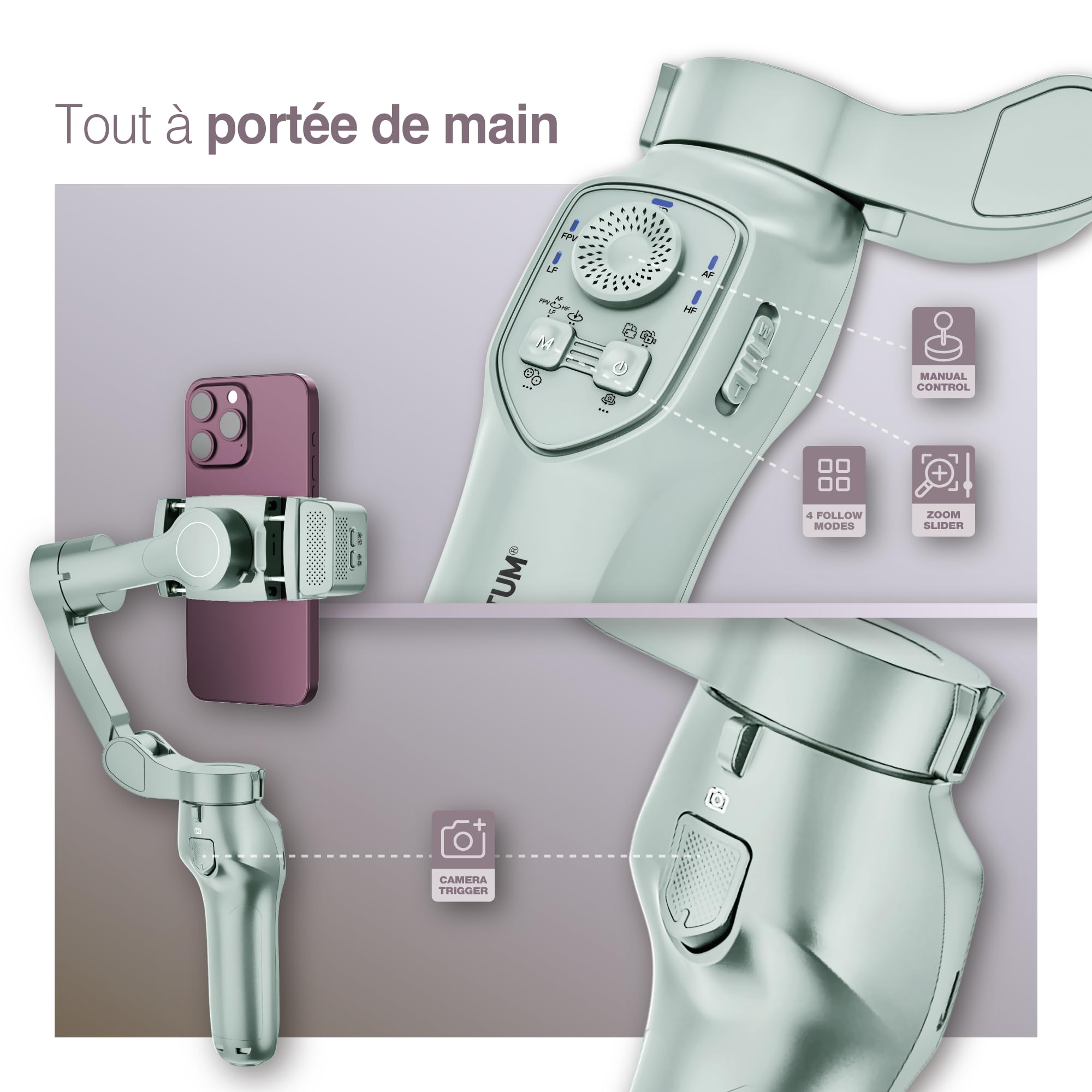 PORTENTUM 7 Pro Stabilisateur Smartphone avec Module IA de Suivi Autonome – Gimbal à 3 Axes Pliable avec trépied – Stabilisateur iphone et Android – App optionnelle – vlog Youtube TikTok