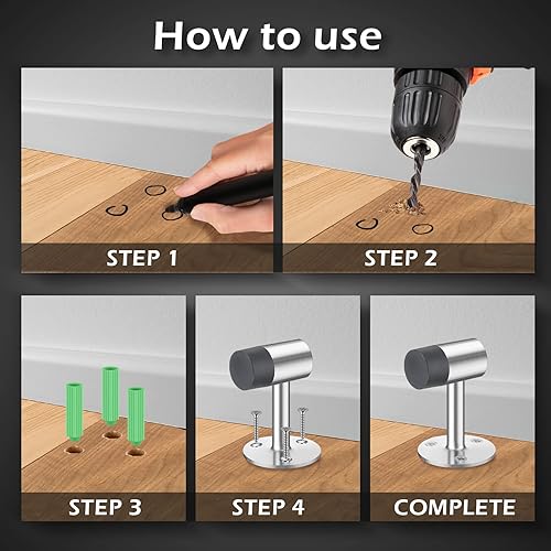 Miniatura 5 de Paquete de 6 topes de piso resistentes para puerta de 3 pulgadas de acero inoxidable con toques de puerta de cabeza de goma para parte inferior de