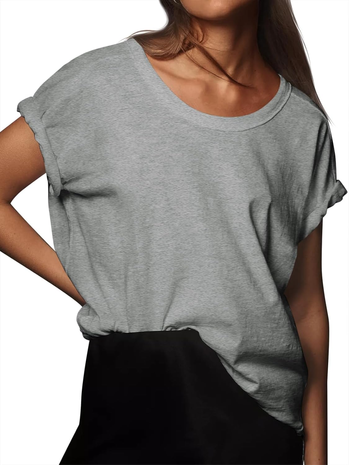 Tankaneo Womens Oversized Short Sleeve T Shirts Summer Casual Crew Neck Tunic Tops Loose Fit Basic Side Split Tees - Image 2