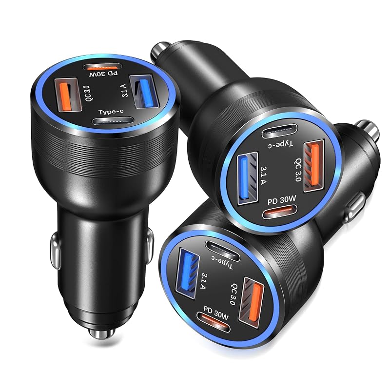 Carregador veicular USB-C e USB-A Bangfun 65 W com 4 portas, PD3.0 e QC, preto, kit com 3