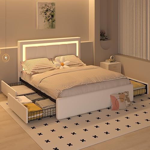Miniatura 8 de Marco de Cama Queen con 4 Cajones de Almacenamiento y Cabecera Ajustable, Cama de Plataforma Tapizada con LED con Puertos Tipo C y USB, Soporte de