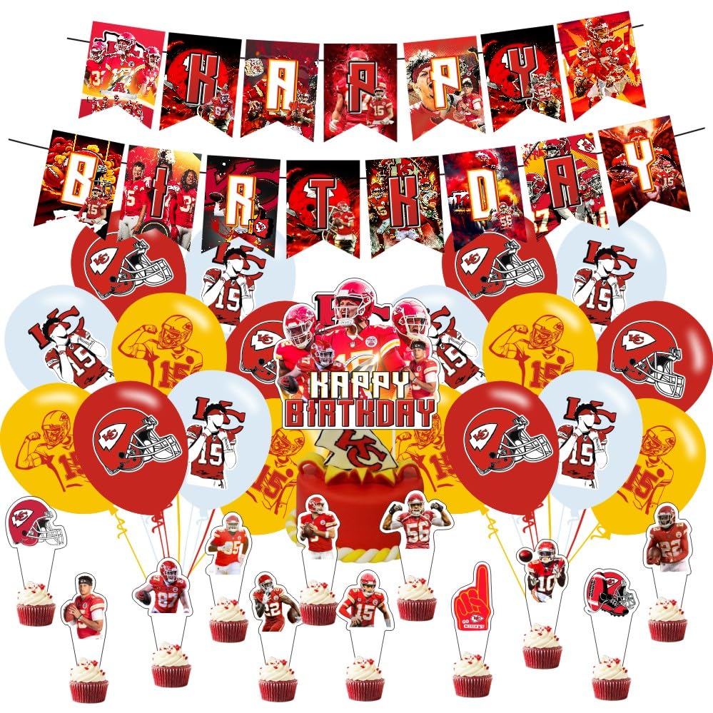 Patrick Mahomes Birthday Decorations Football Party Supplies Include Happy Birthday Banner Cake Topper and Cupcake Toppers Balloons for Kids Party Decor