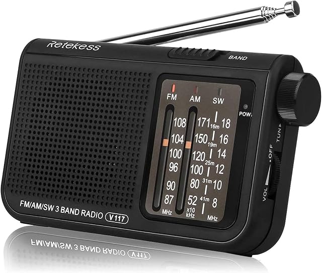 Retekess V117 Portable Battery Radio, FM AM SW Pocket Radio, Analogue, Earphone Jack, Adjustment Knob, Simple for the Elderly (Black)