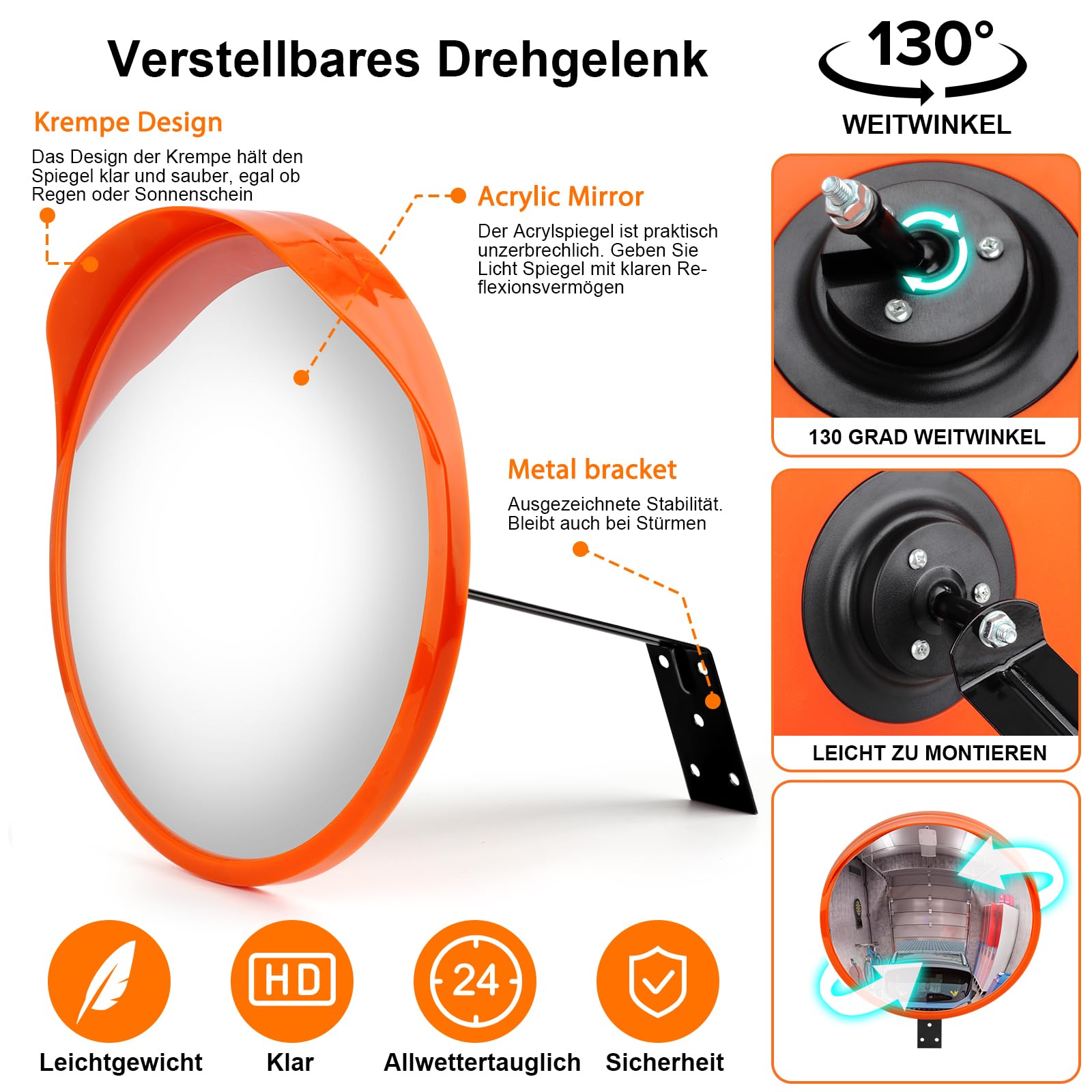 moveland Konvexspiegel - Verstellbarer Verkehrsspiegel - Weitwinkel Sicherheitsspiegel für Garage, Verkehr, Einfahrten, Büro, Hof, Lager, 30 cm (für innen und außen, 130 Grad konvex