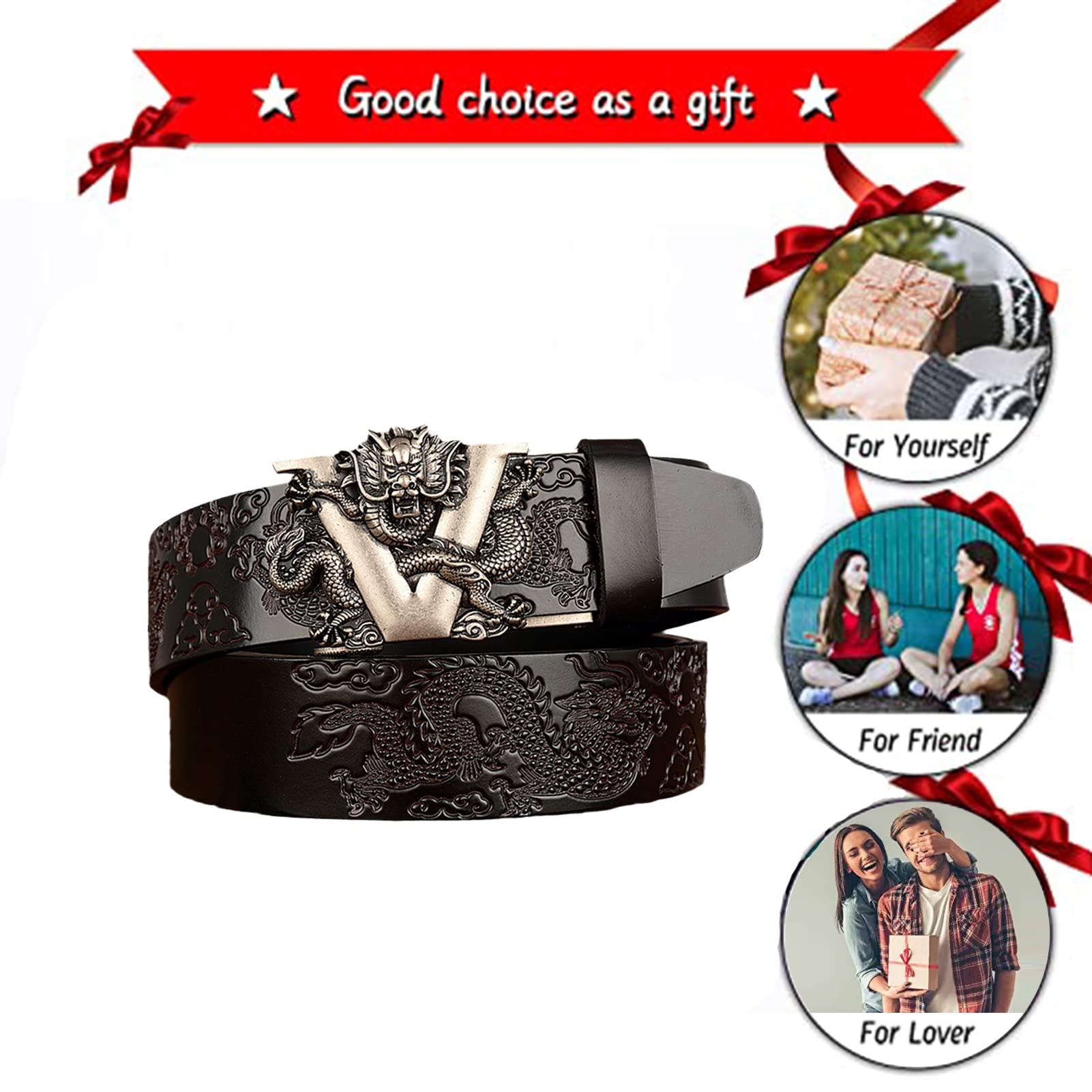 Vestido para hombre Jeans Cinturón Trinquete Automático Dragón deslizante Hebilla plateada Cuero en relieve Correas de cintura negras 1 3/8 "(35 mm)