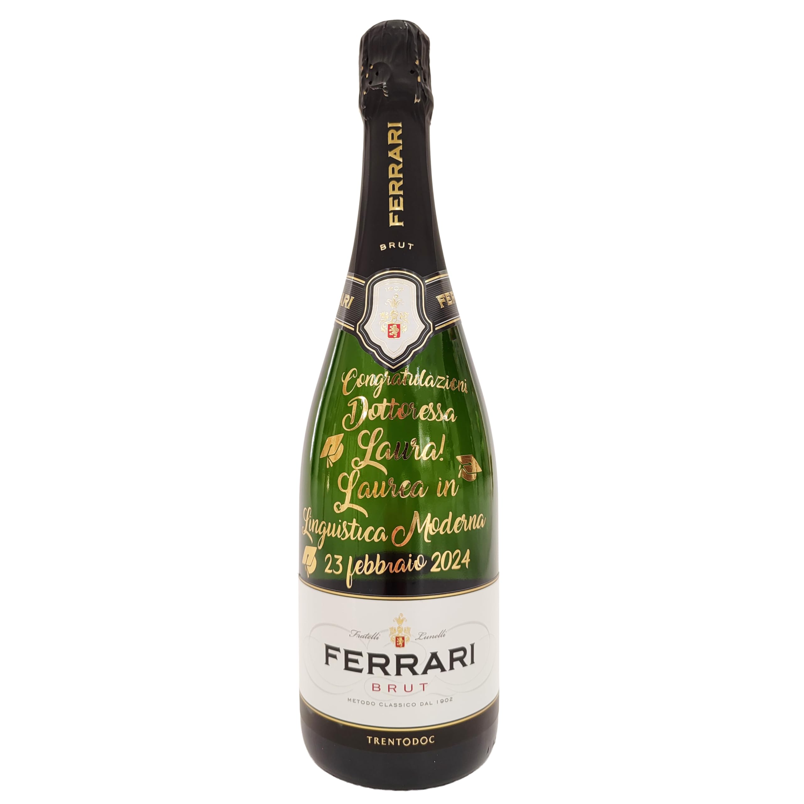 Generico Bottiglia Brut Spumante con Scritta ed Emoticon Personalizzabili, Fiocco con Dettaglio Unico da Scegliere in Fase di Personalizzazione