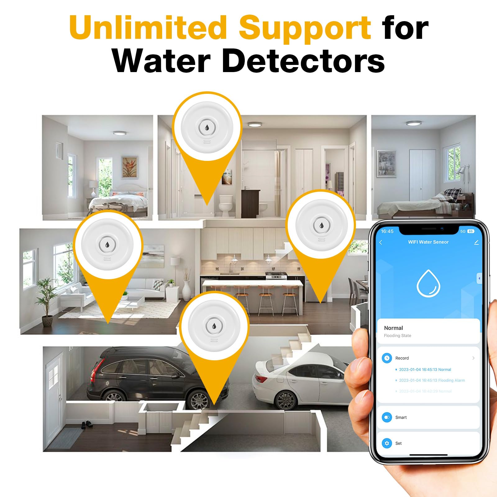 Lot de 5 détecteurs de fuite d'eau WiFi, alarme d'eau 100 dB, pour la maison, la cave, la salle de bain, la cuisine (lot de 3)