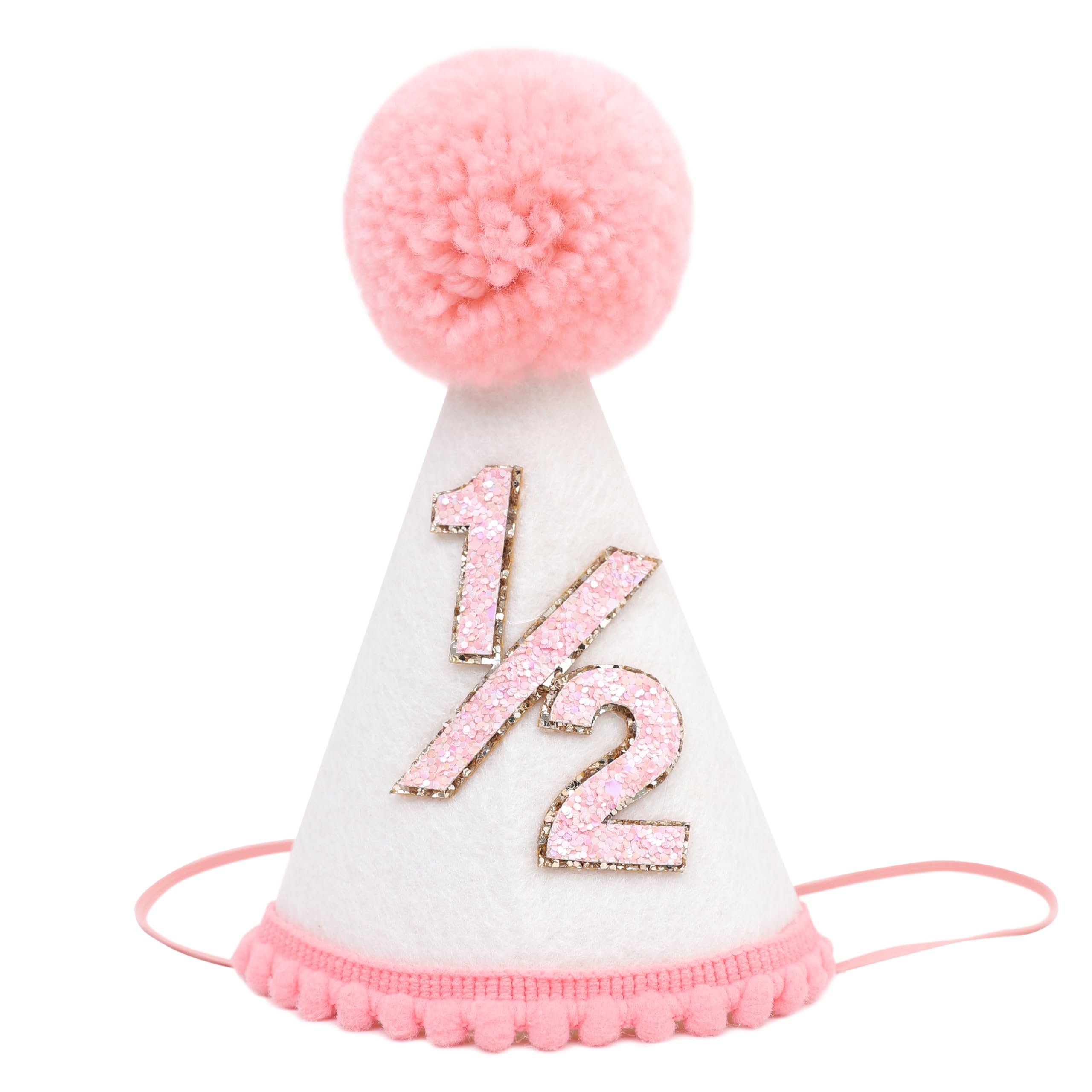 Agvgaza Half Birthday Hat -Baby 1/2 Birthday Cone Hat,Six Months Decorations,Party Hat Outfit for Girls/Boys (White&Pink)