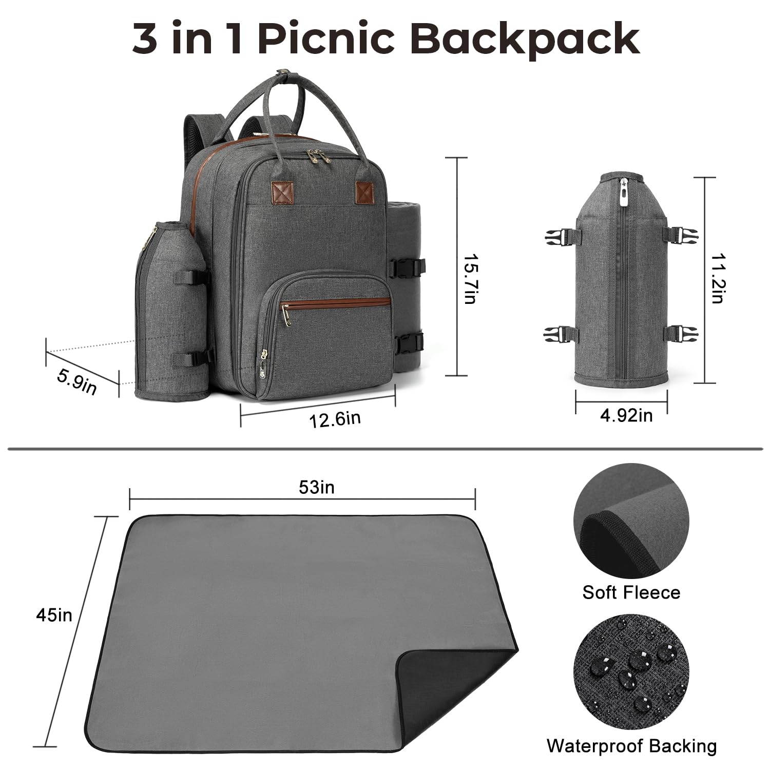 Apollo Walker Zaino da picnic per 2 persone, set e coperta, borsa termica, grigio chiaro