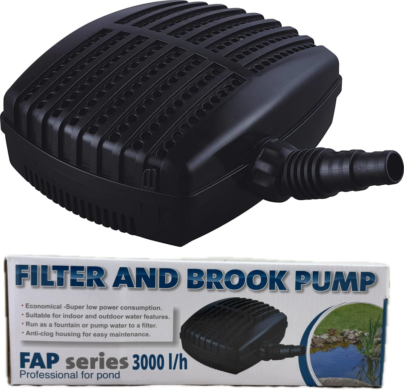 Pond Friend FAP 3000 Pond Filter Pump | 3000 LPH Eco 40W Submersible Water Pump for Outdoor Fish Ponds | 6mm Solids, 10m Cable & No-Tools Cleaning | Stepped Hosetail Fits 20/25/32mm