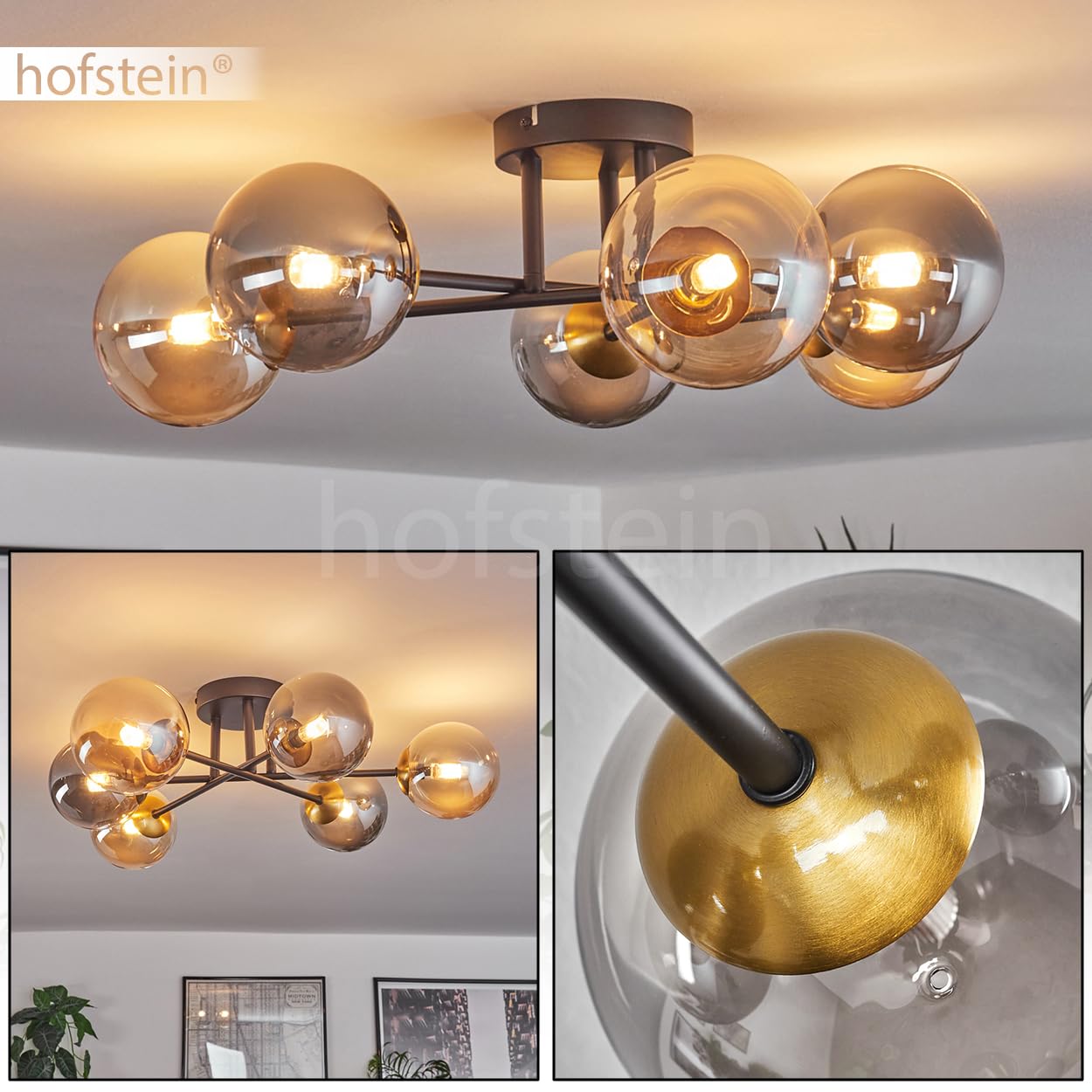 Hofstein Chehalis - Lampada da soffitto in metallo/vetro in nero/oro/ambra/fumé, illuminazione in stile moderno retrò/vintage con paralumi in vetro (Ø 12 cm), 6 x G9