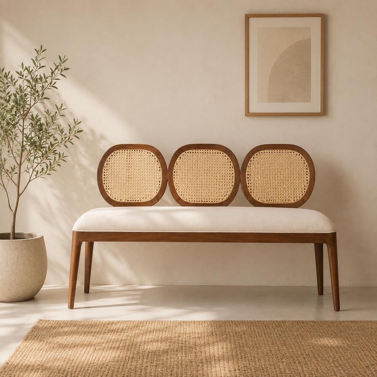 SMAART CRAAFTS Lira Rattan Solid Wood Bench for Living Room | Wooden Cane Settees Sofa 2 Seater with Cushion Seating | Acacia Wood, Light Walnut Finish | Recamiers for Home, Bedroom & Outdoor Use-image-1