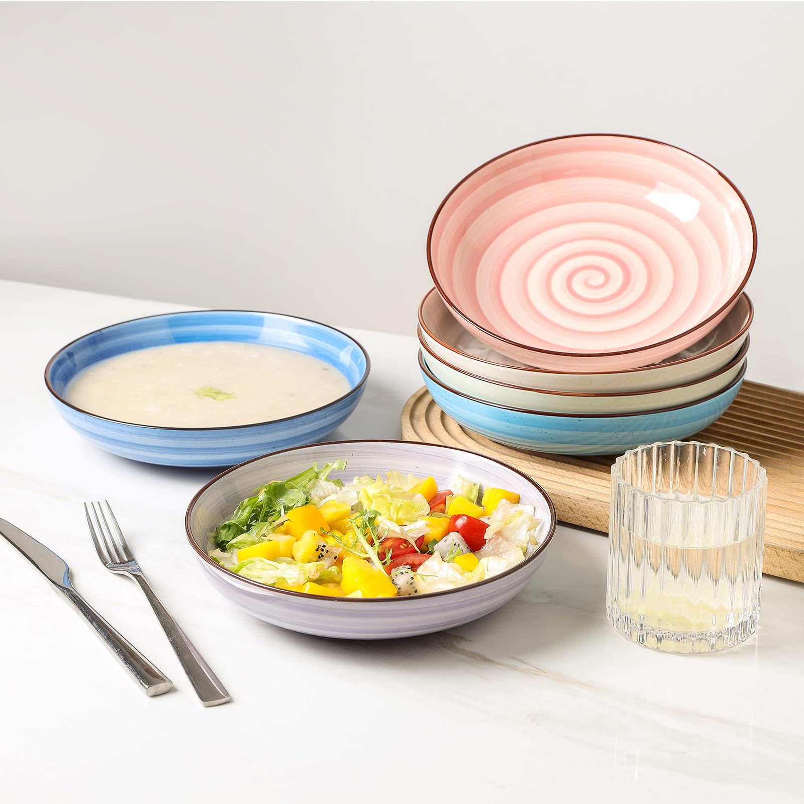 KitchenTour - Juego de 6 cuencos grandes para pasta de 34 onzas, cuencos de cerámica para servir ensaladas, 8.6 pulgadas de ancho y poco profundo para sopa, aptos para lavavajillas y microondas,