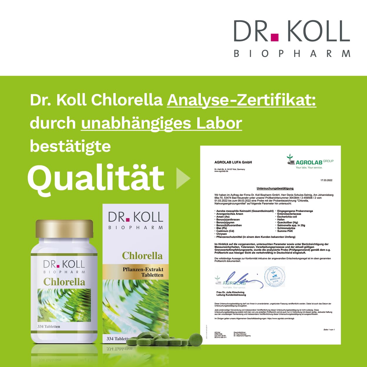 Dr. Koll Bio Chlorella Tabletten – Natürliches Nahrungsergänzungsmittel 100% Chlorella vulgaris | Hochdosiertes Vitamin B12 Supplement | 334 Tabletten Made in Germany