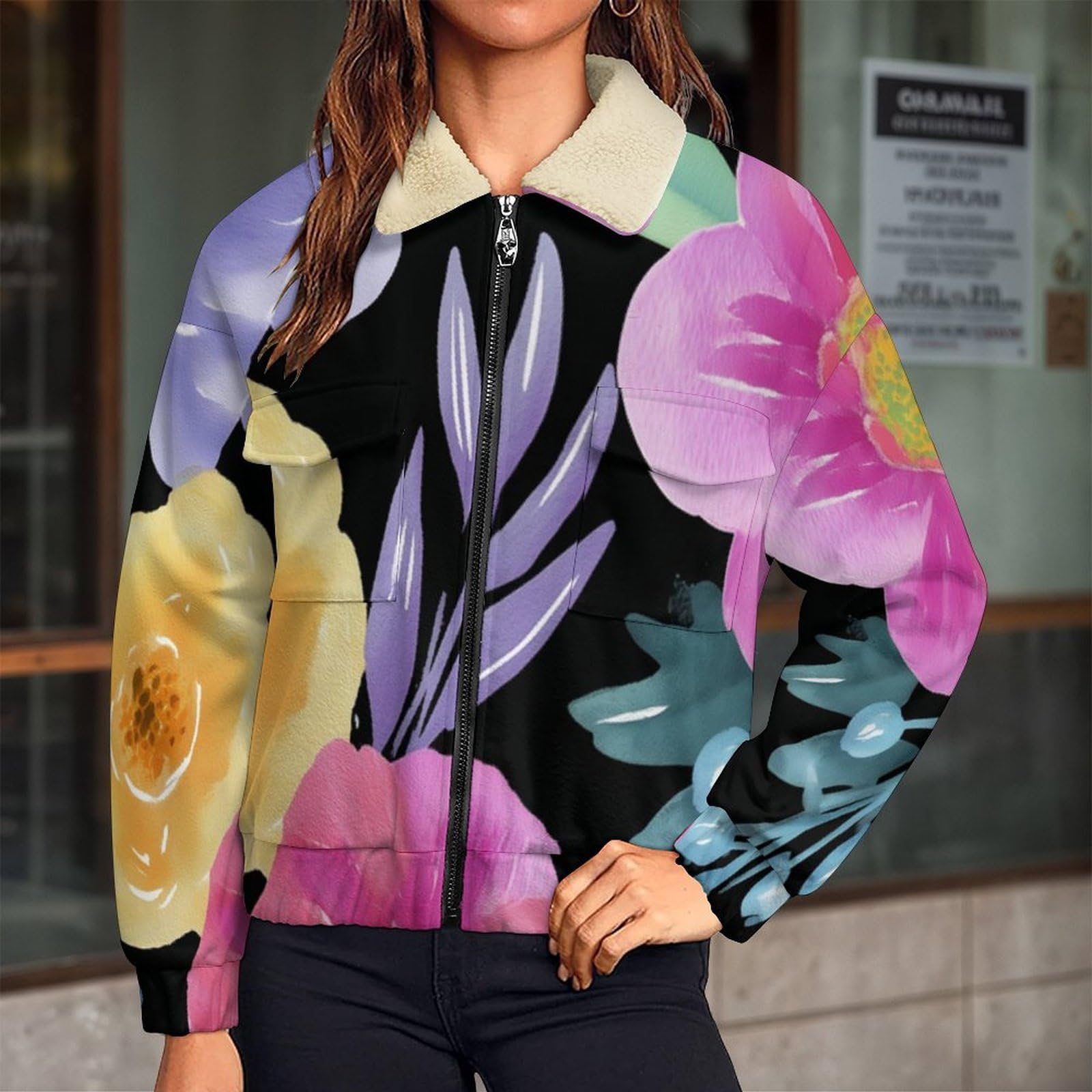 Felpa Donna Pile Invernale Caldo con Cerniera, Giacca da Camera Invernale Corta Pile Giacche, Fiore di peonia Cappotto In Peluche Sherpa Giubbotto Fleece Comoda
