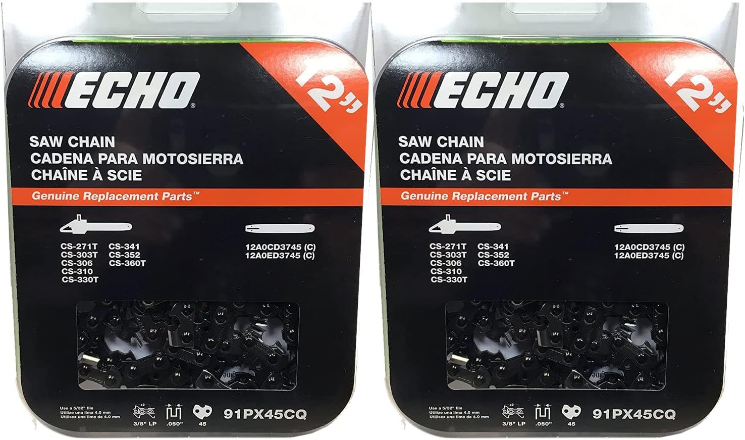 Echo Set of 2 OEM 12" Chainsaw Chain 45 DL 3/8" .050" 91PX45CQ