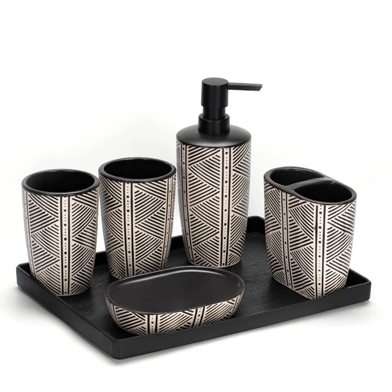 Juego de Accesorios de baño con Textura Negra, Kit de decoración de Accesorios de baño de cerámica de Moda con dispensador de loción, Soporte para Cepillo de Dientes, 2