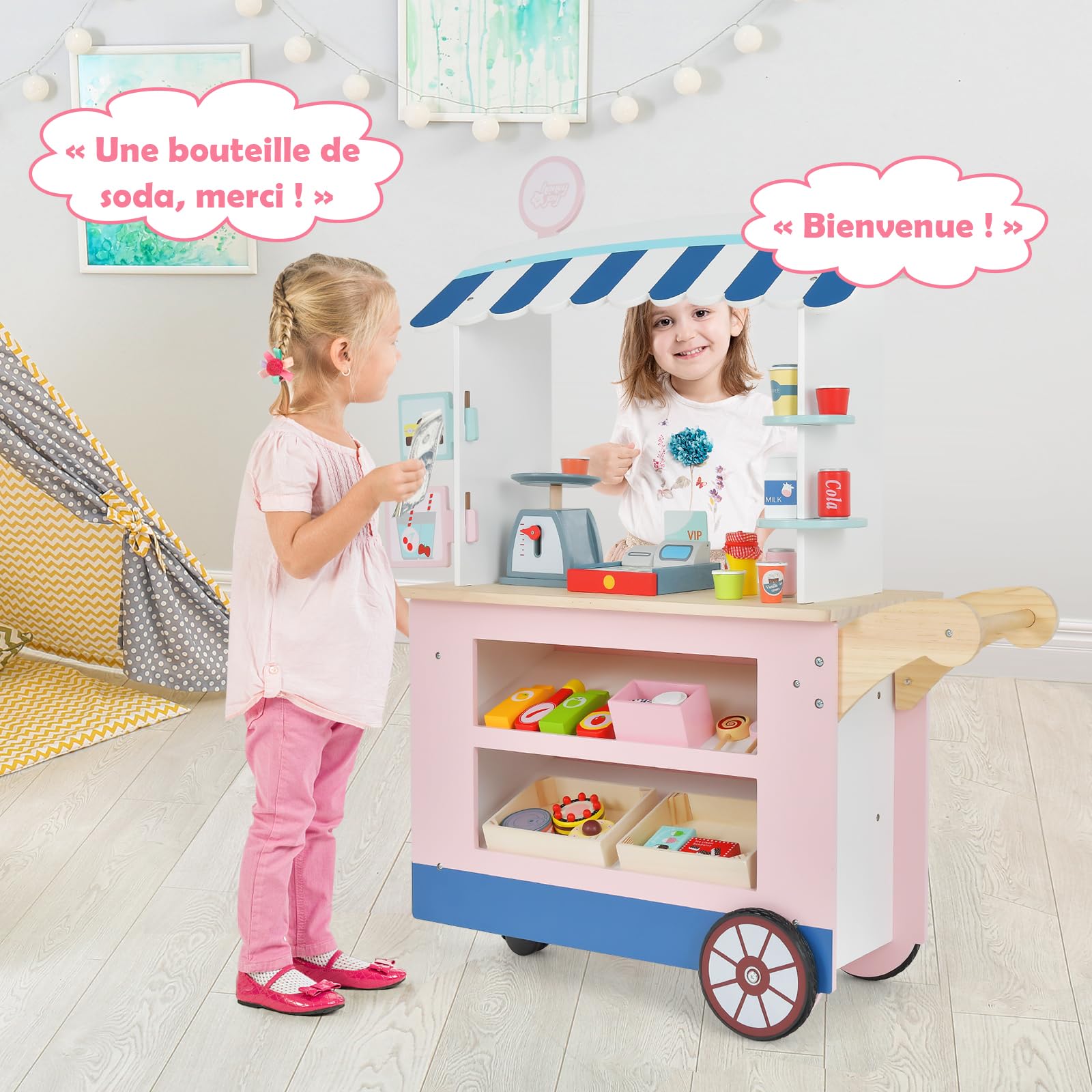 GOPLUS Chariot Marchande 30 Accessoires – Supermarché En Bois Avec Auvent – Caisse Enregistreuse – Jeu D’Imitation Éducatif – Dès 3 Ans – Multicolore