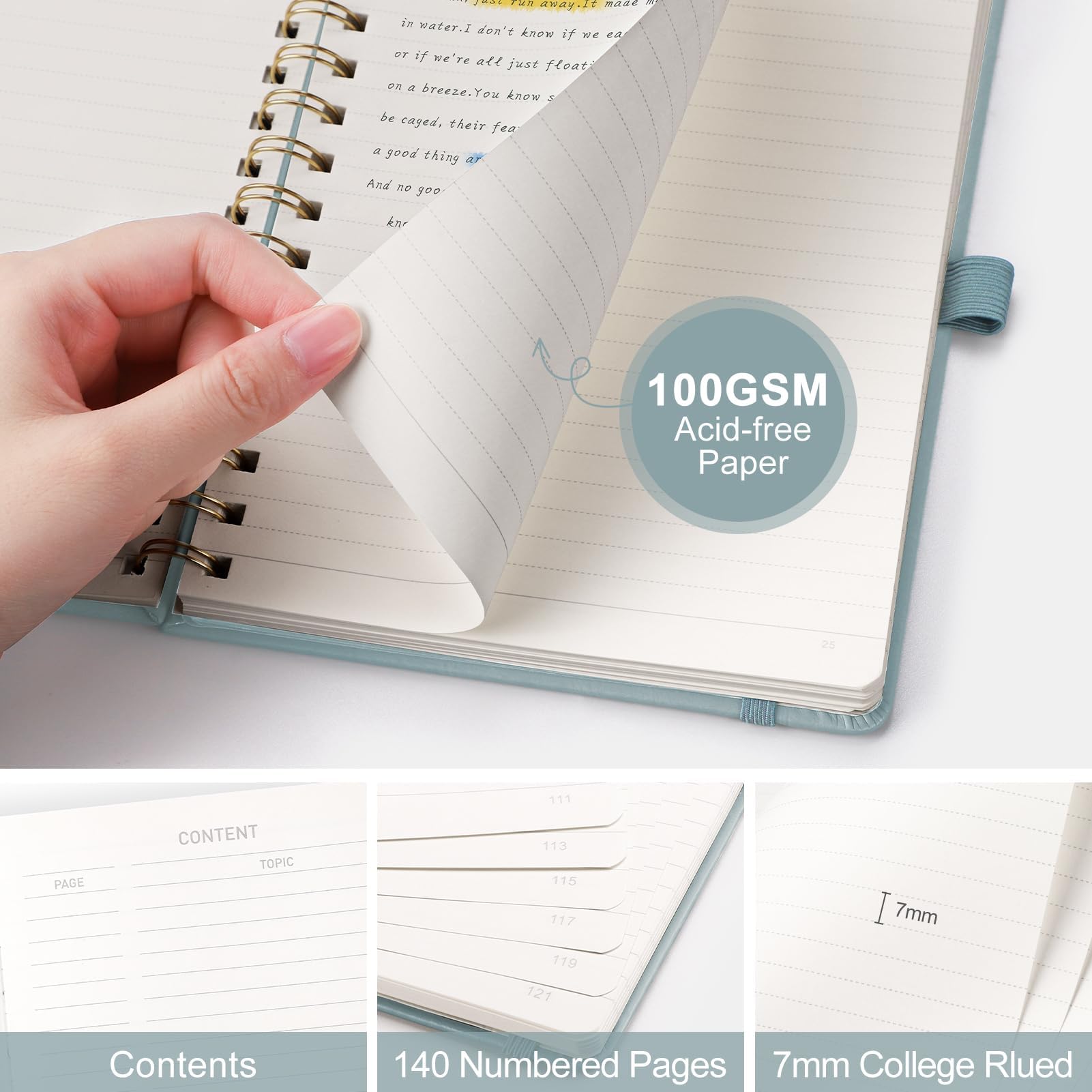 EMSHOI A5 Notebook Lined Journal, 100gsm, PU Leather Hardcover, Sticky Notes, Pocket, Pen Loop, Ruler, Bookmark - Image 2