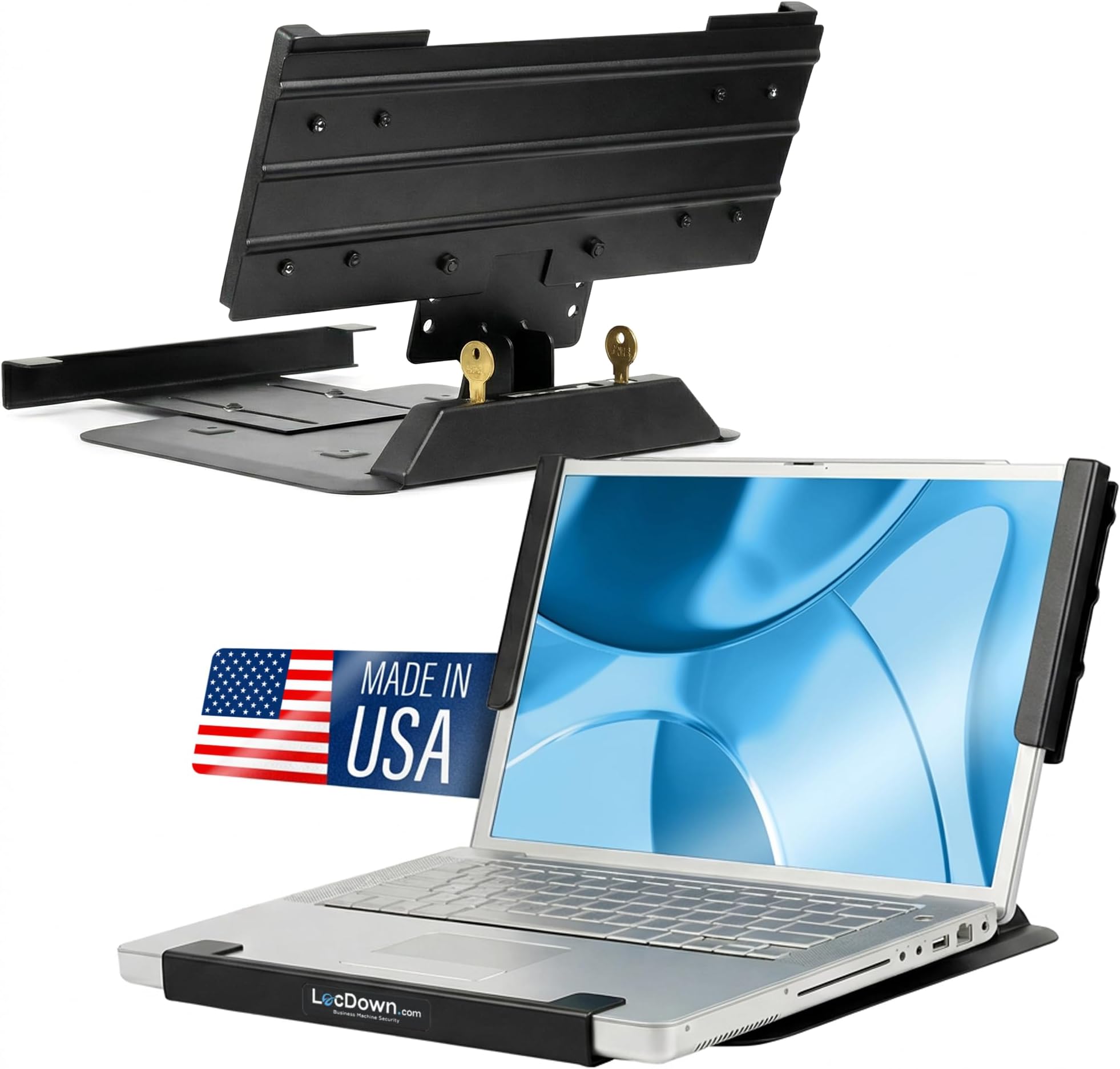 LocDown.com Laptop Security Stand โ Anti Theft Steel Laptop Stands (11.5โโ18โ), Locking Holder with Dual Lock System, Adjustable Secure Laptop Stand for Desk Office Medical Retail