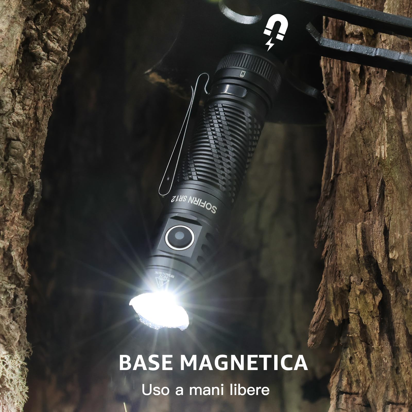 Sofirn SR12 Torcia a LED ricaricabile estremamente luminosa – 1450 lumen, impermeabile IP68, tappo magnetico, portata 396 m, piccola torcia portatile e compatta per campeggio, escursionismo, attività